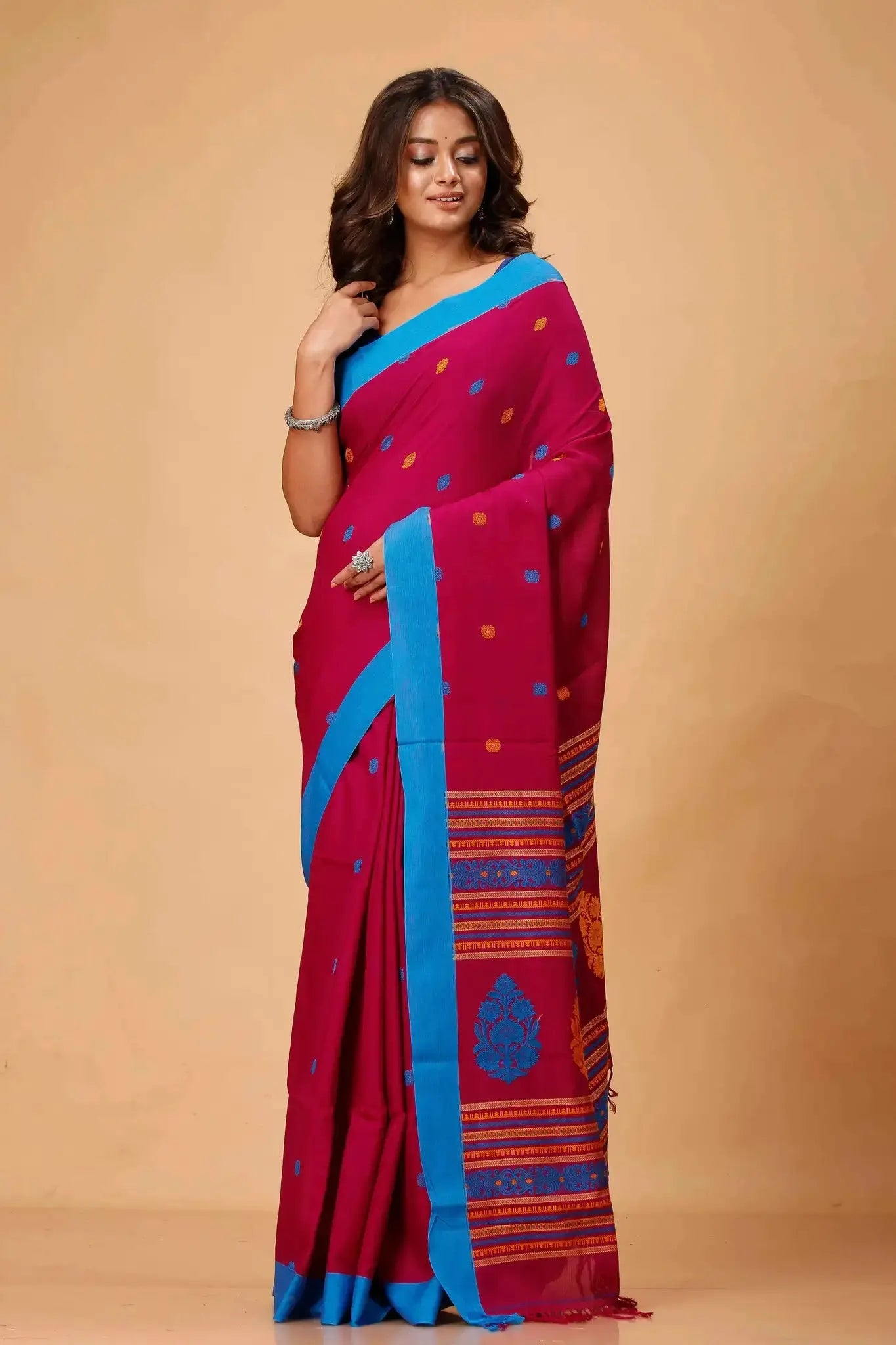 Pink & Blue Border Woven Pallu Manipuri Cotton Saree