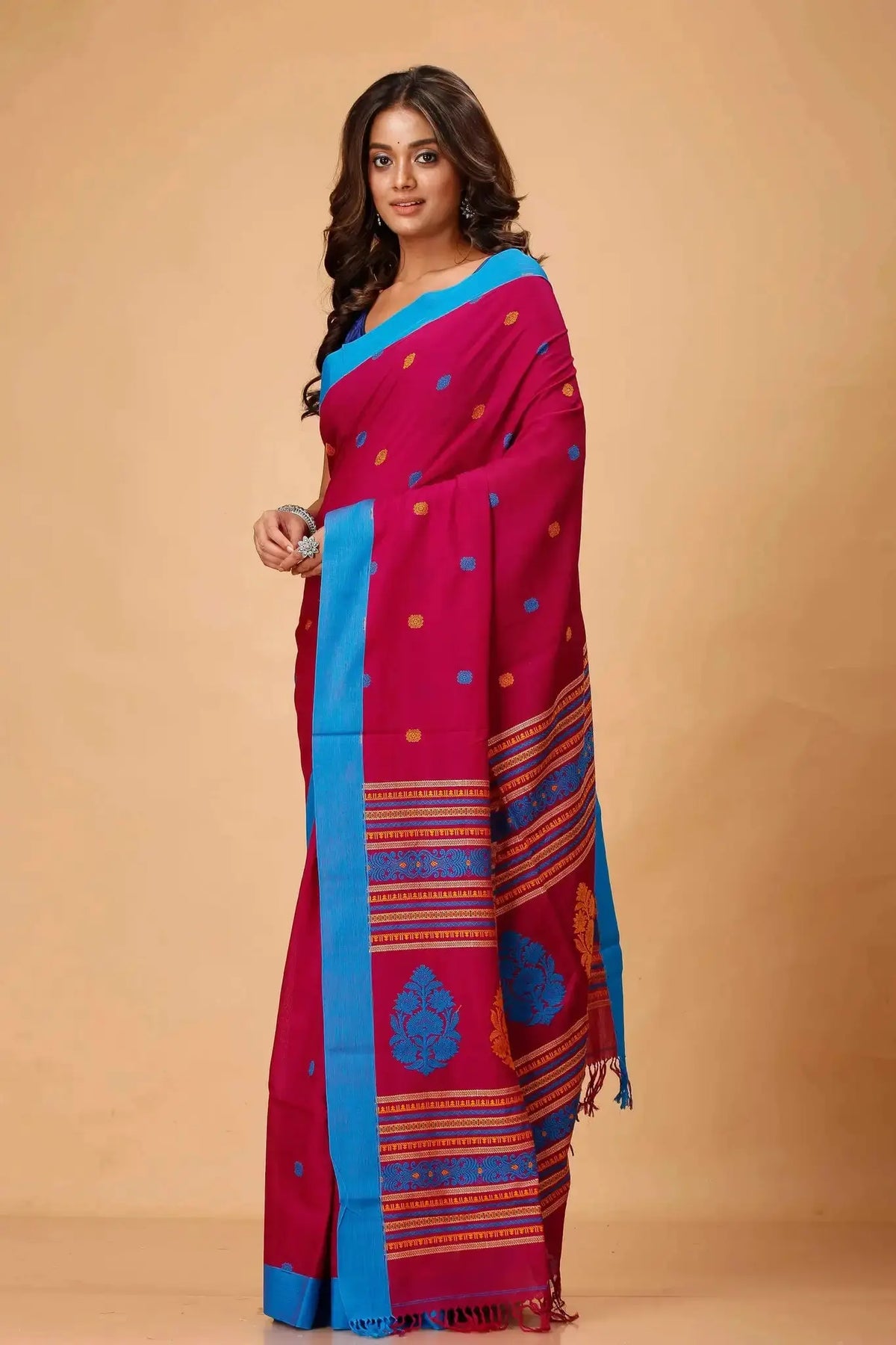 Pink & Blue Border Woven Pallu Manipuri Cotton Saree