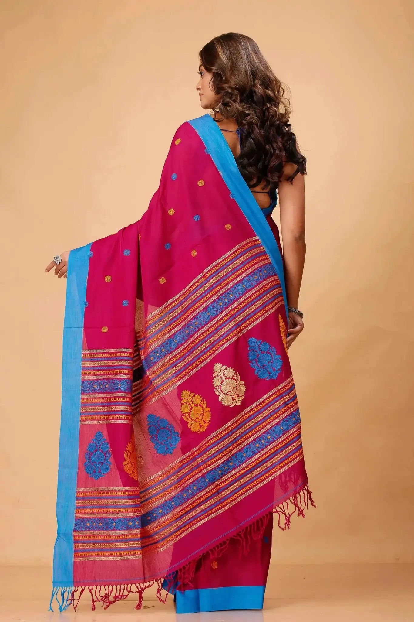 Pink & Blue Border Woven Pallu Manipuri Cotton Saree