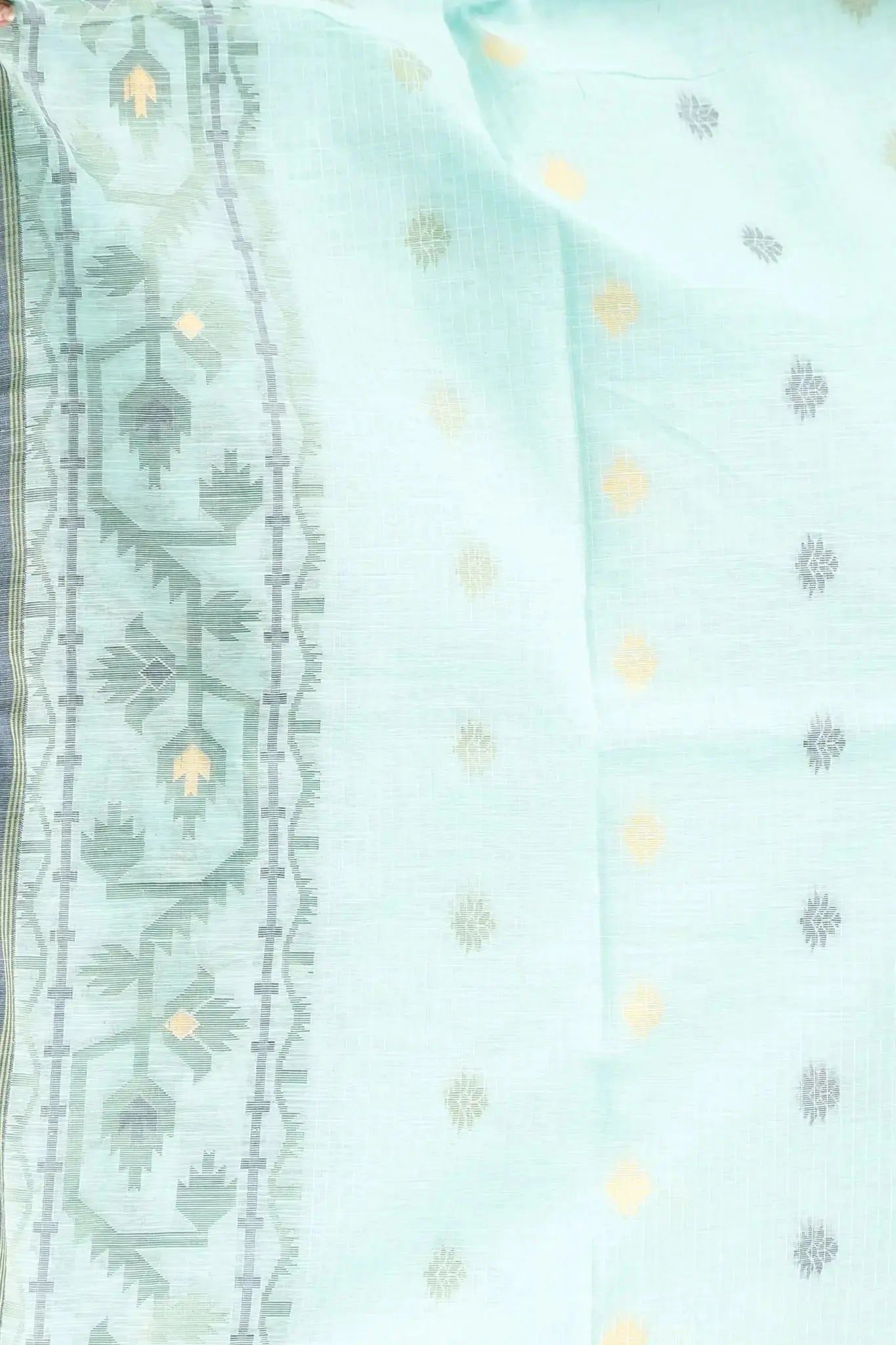 Mint Green With Navy Blue Border Floral Pattern- Bellu Cotton Handloom Fancy Saree - Grivana