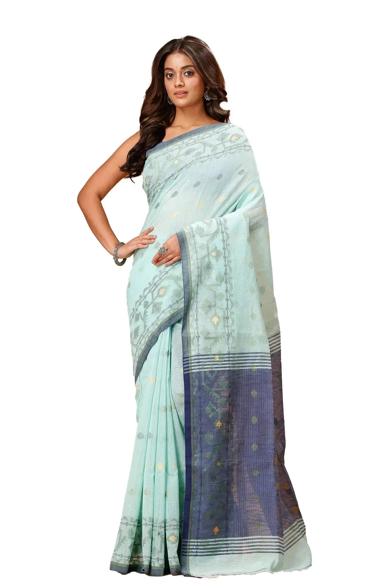Mint Green With Navy Blue Border Floral Pattern- Bellu Cotton Handloom Fancy Saree - Grivana