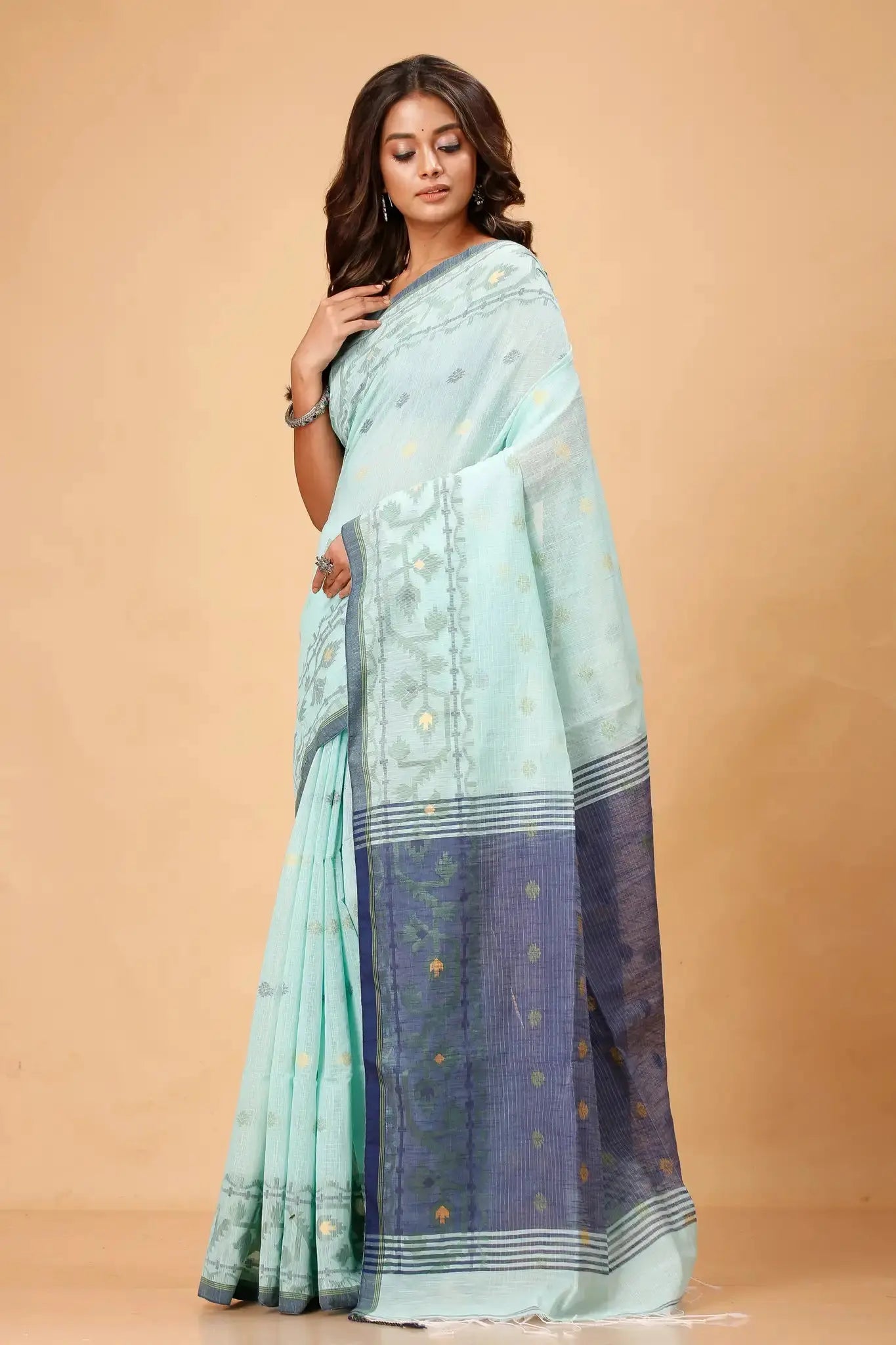 Mint Green With Navy Blue Border Floral Pattern- Bellu Cotton Handloom Fancy Saree - Grivana