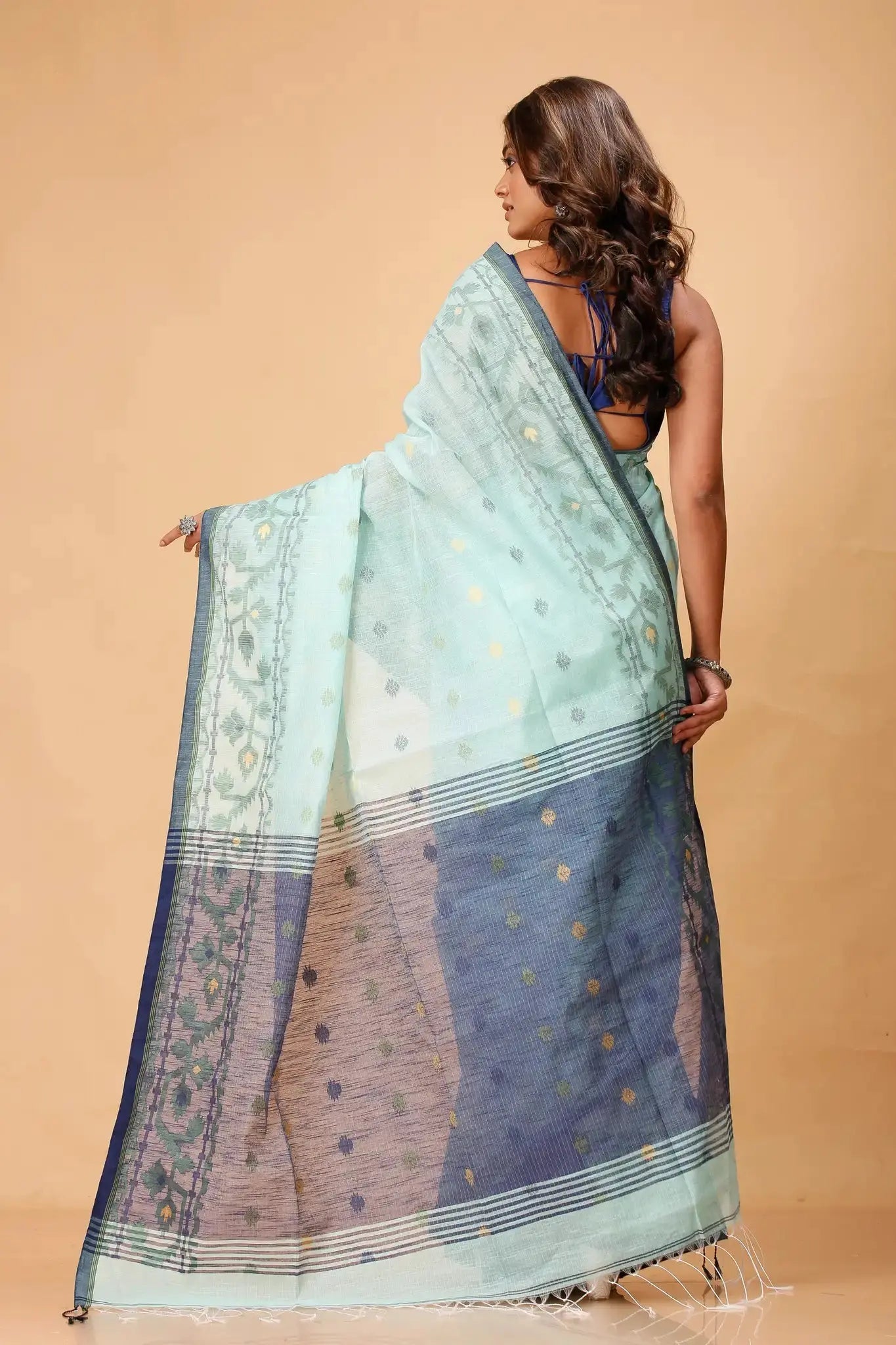 Mint Green With Navy Blue Border Floral Pattern- Bellu Cotton Handloom Fancy Saree - Grivana