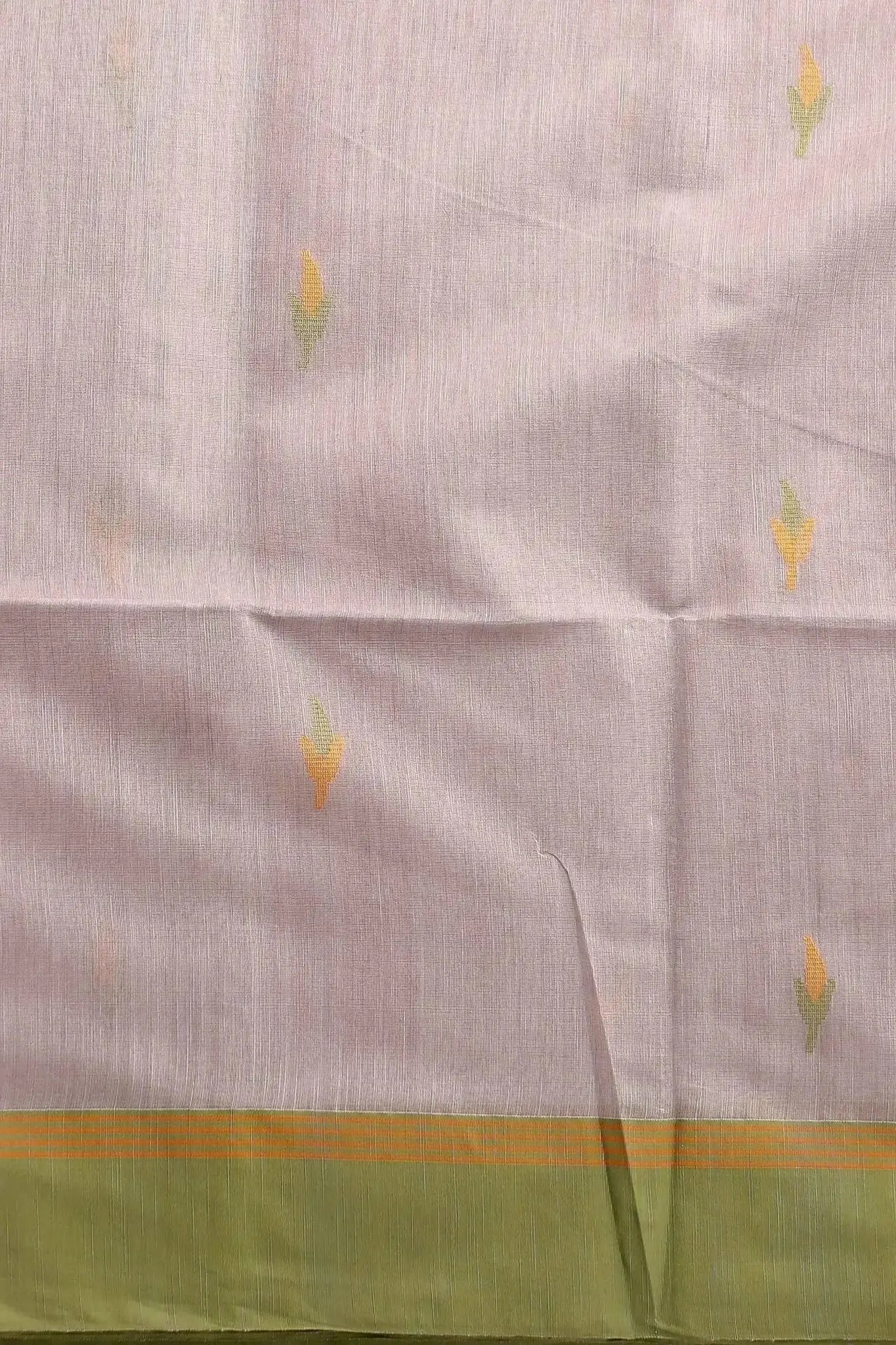 Elegant Beige Green Manipuri Cotton Saree With Green & Mustard Woven Border