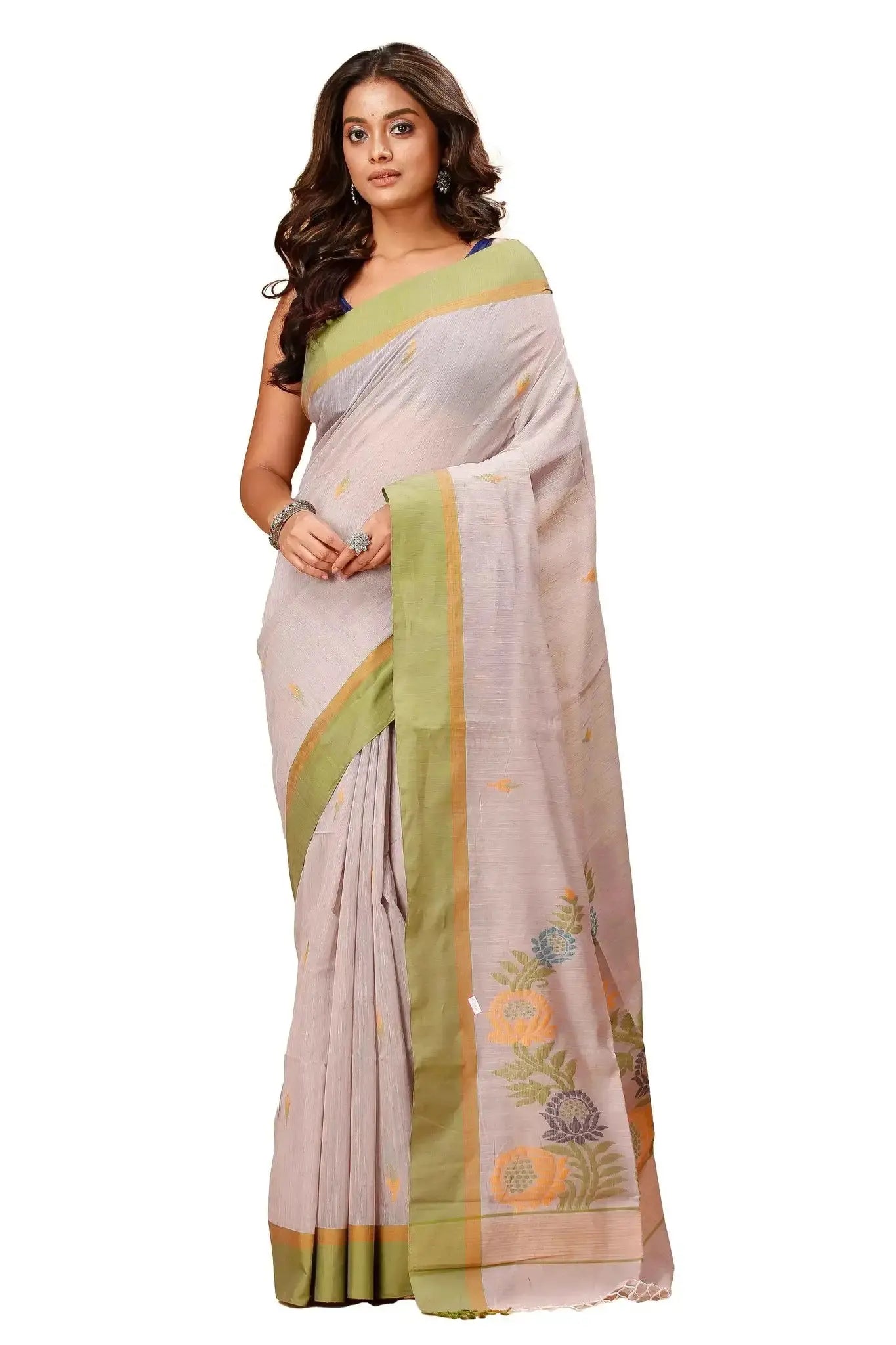 Elegant Beige Green Manipuri Cotton Saree With Green & Mustard Woven Border