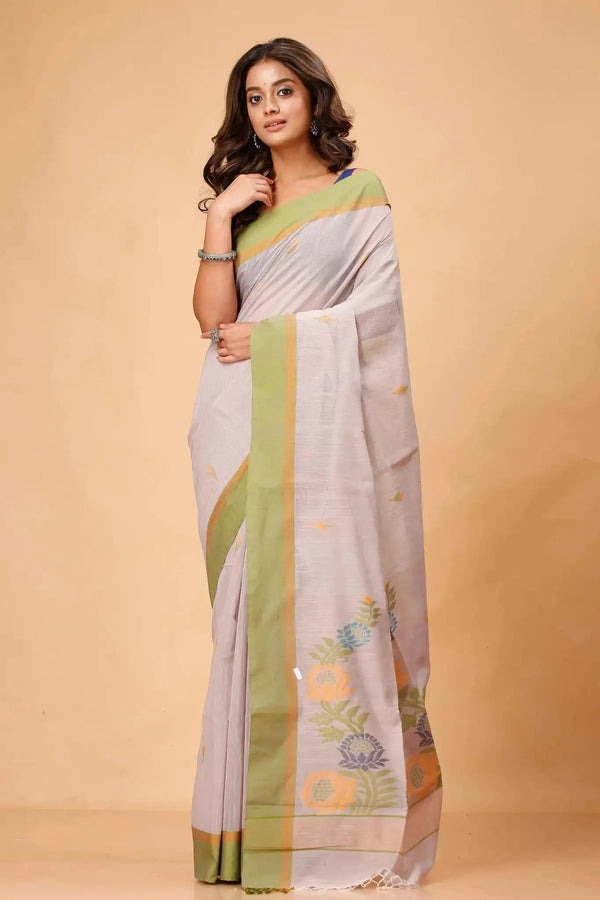 Elegant Beige Green Manipuri Cotton Saree With Green & Mustard Woven Border