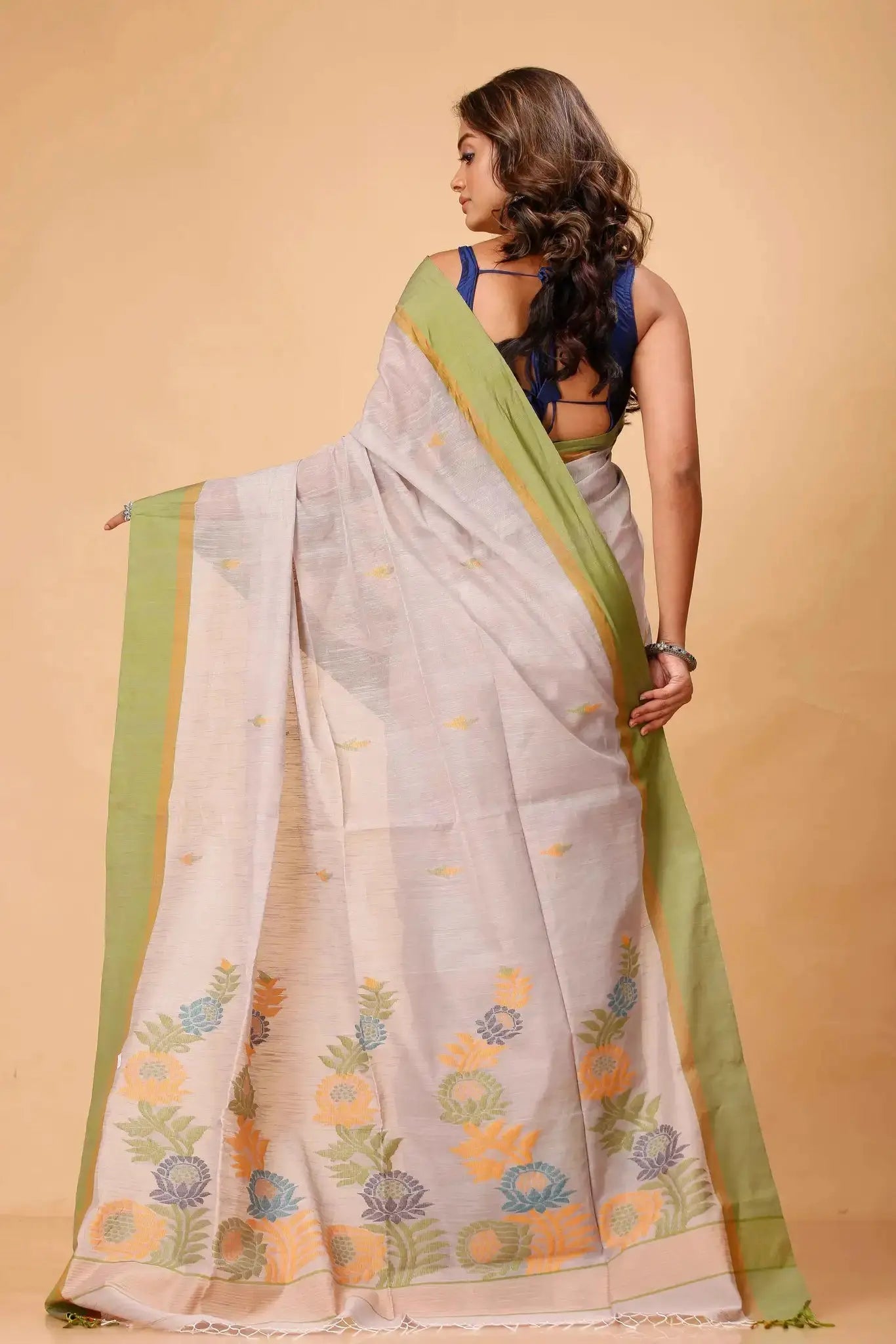 Elegant Beige Green Manipuri Cotton Saree With Green & Mustard Woven Border