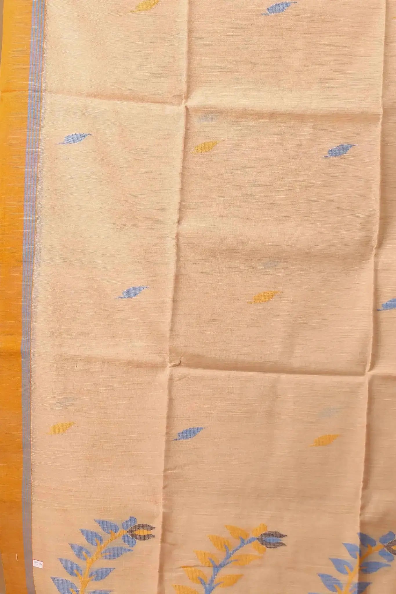 Elegant Beige Manipuri Cotton Saree with Blue & Mustard Woven Border