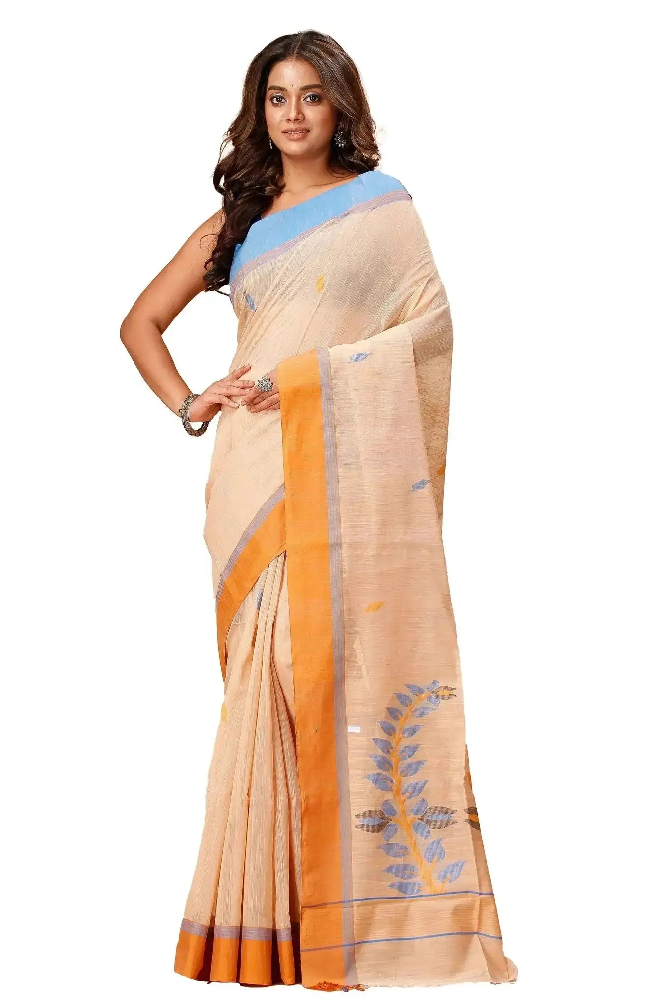 Elegant Beige Manipuri Cotton Saree with Blue & Mustard Woven Border