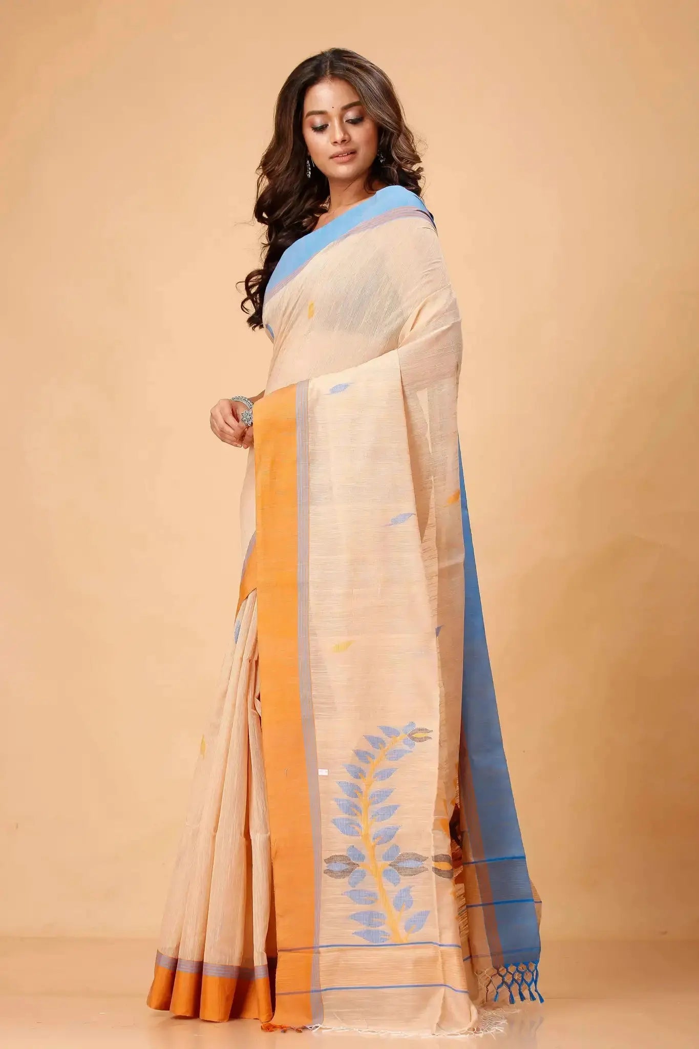 Elegant Beige Manipuri Cotton Saree with Blue & Mustard Woven Border