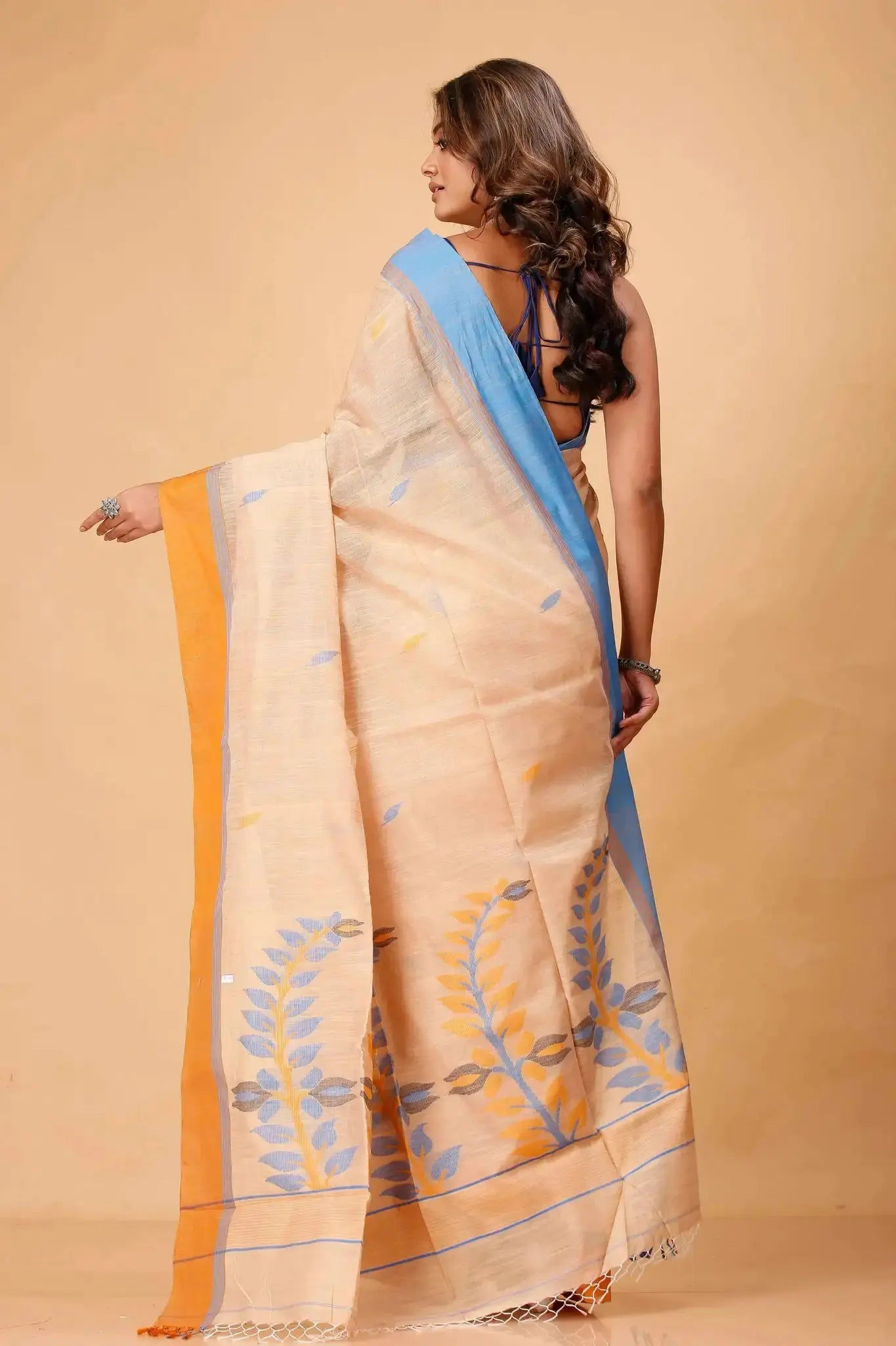 Elegant Beige Manipuri Cotton Saree with Blue & Mustard Woven Border