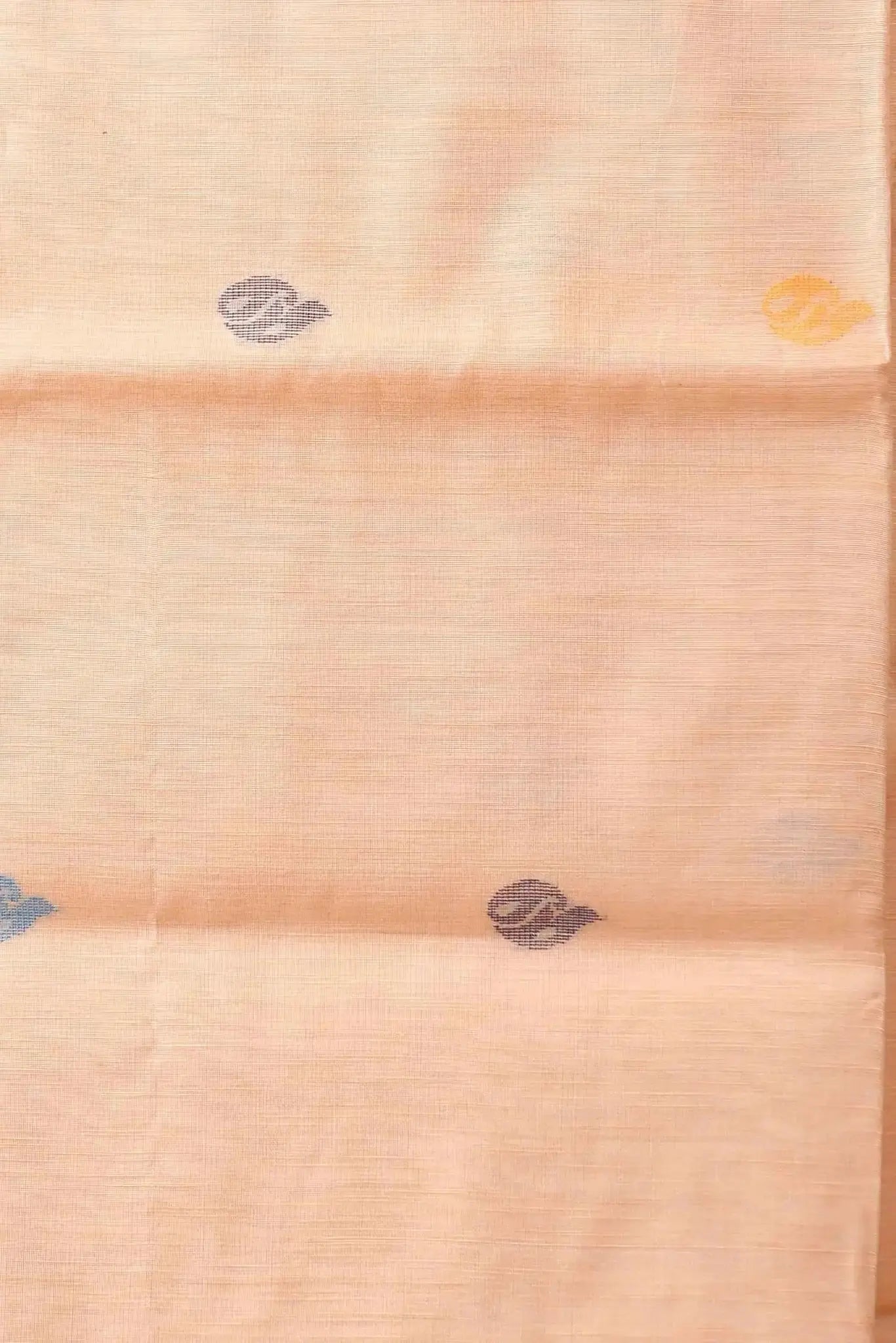 Peach Beige Manipuri Cotton Saree with Mustard Yellow Border & Blue Floral Woven Motifs