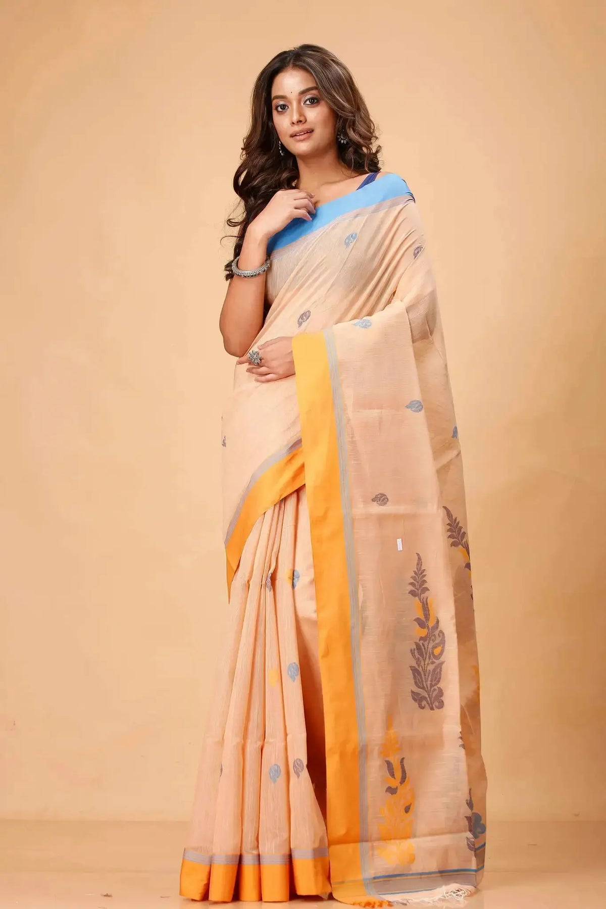 Peach Beige Manipuri Cotton Saree with Mustard Yellow Border & Blue Floral Woven Motifs