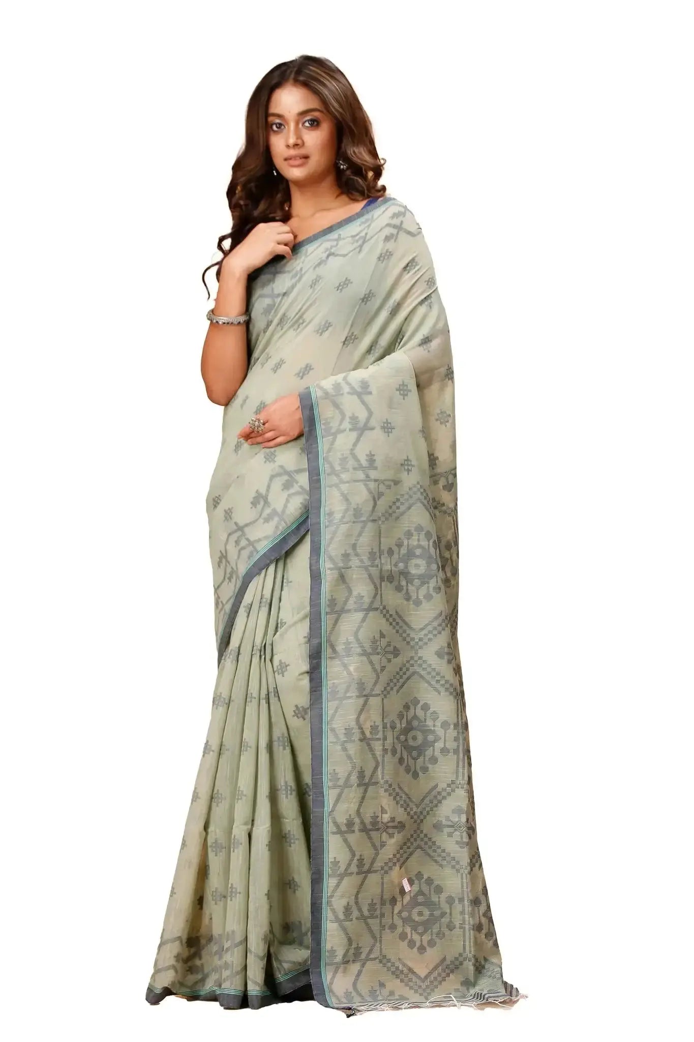 Grey Olive- Bellu Cotton Handloom Fancy Saree Floral Mix Design With Blouse Piece
