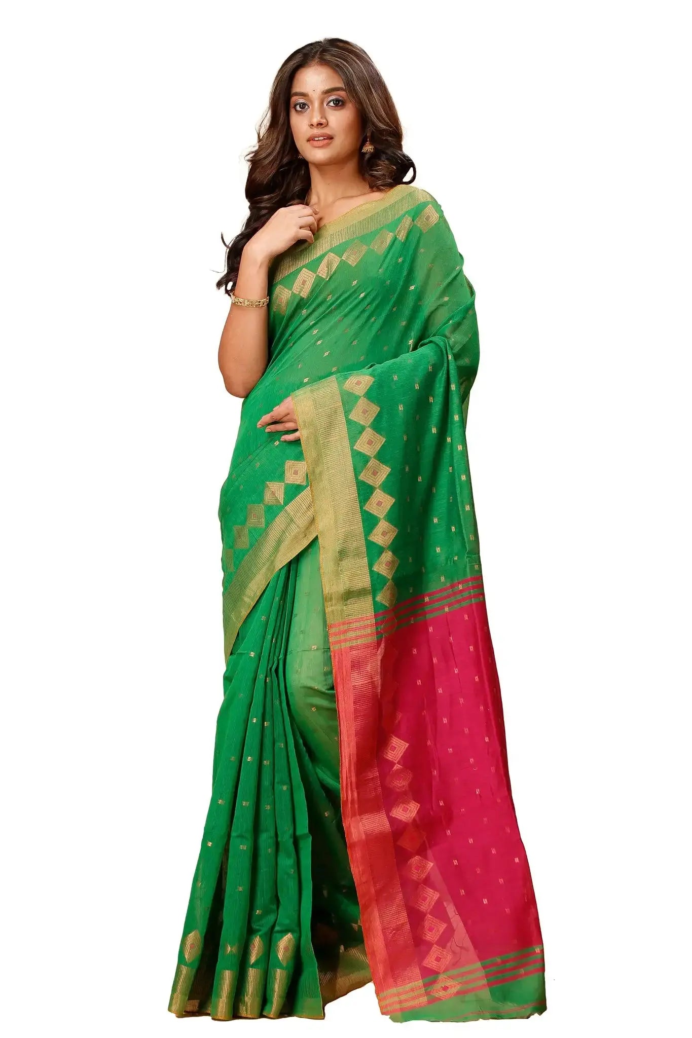 Bellu Cotton Handloom Fancy Saree- Green With Red Border Traditional Diamond Pattern - Grivana