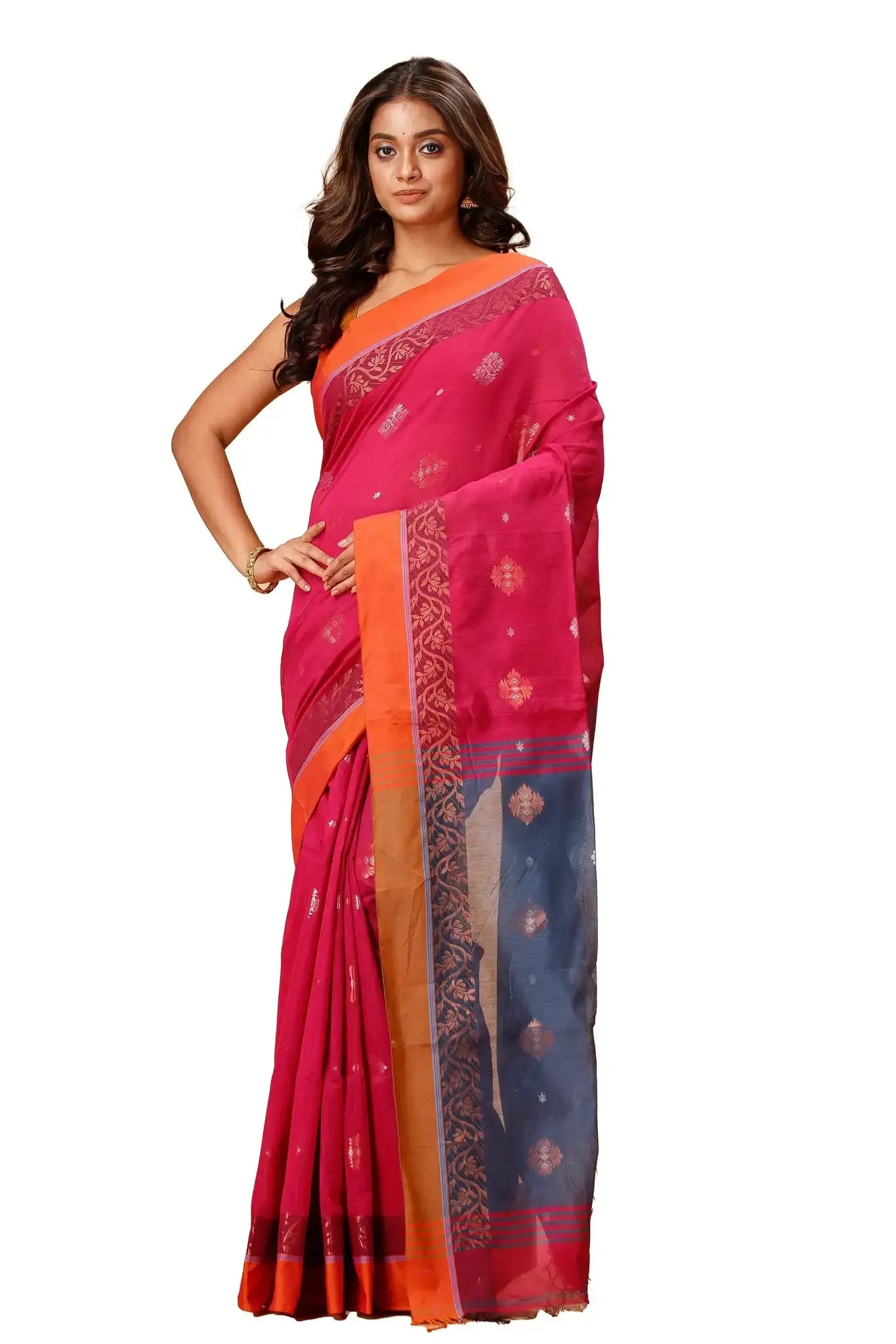 Red & Tealish Blue- Bellu Cotton Handloom Fancy Traditional Weave Saree - Grivana