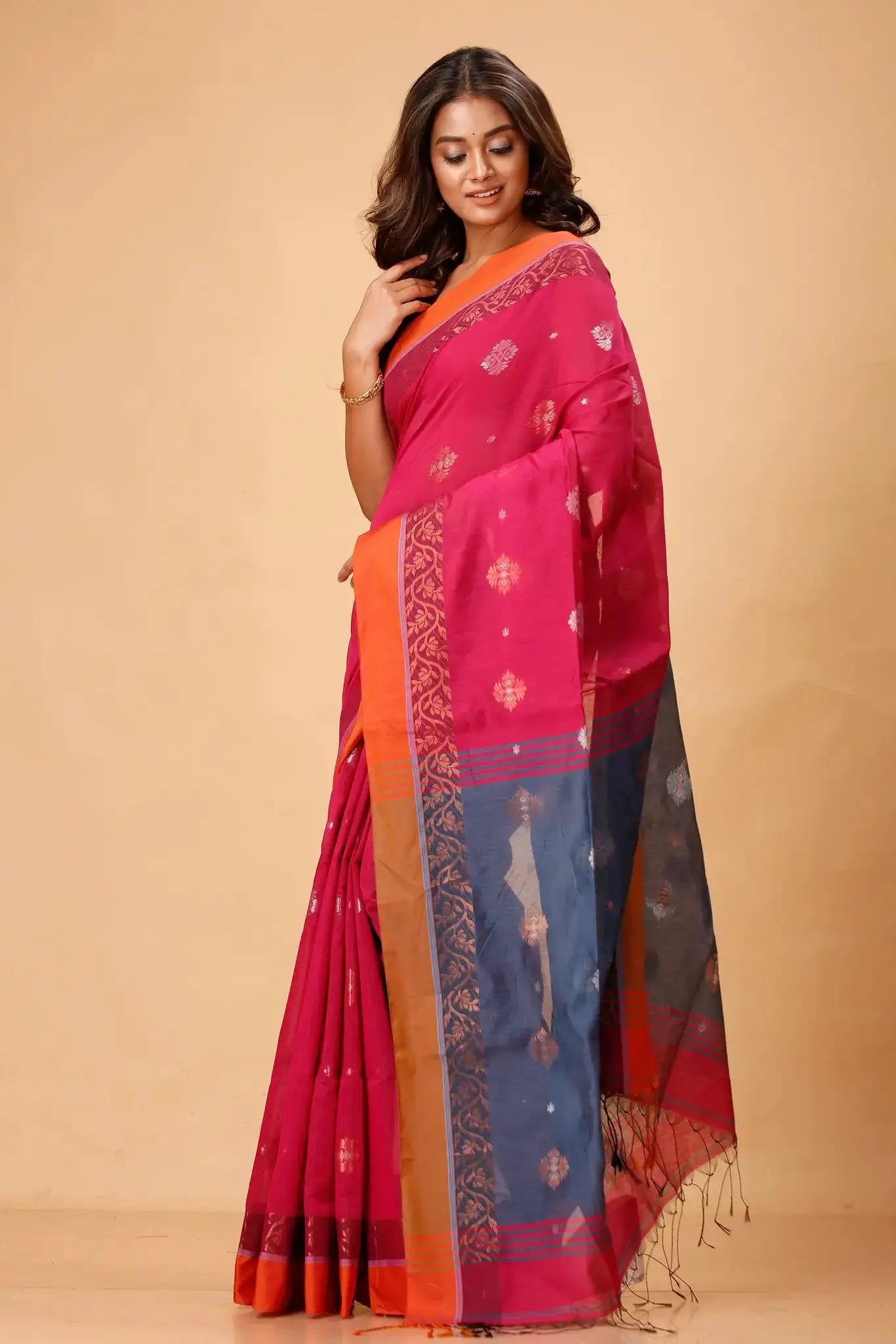 Red & Tealish Blue- Bellu Cotton Handloom Fancy Traditional Weave Saree - Grivana