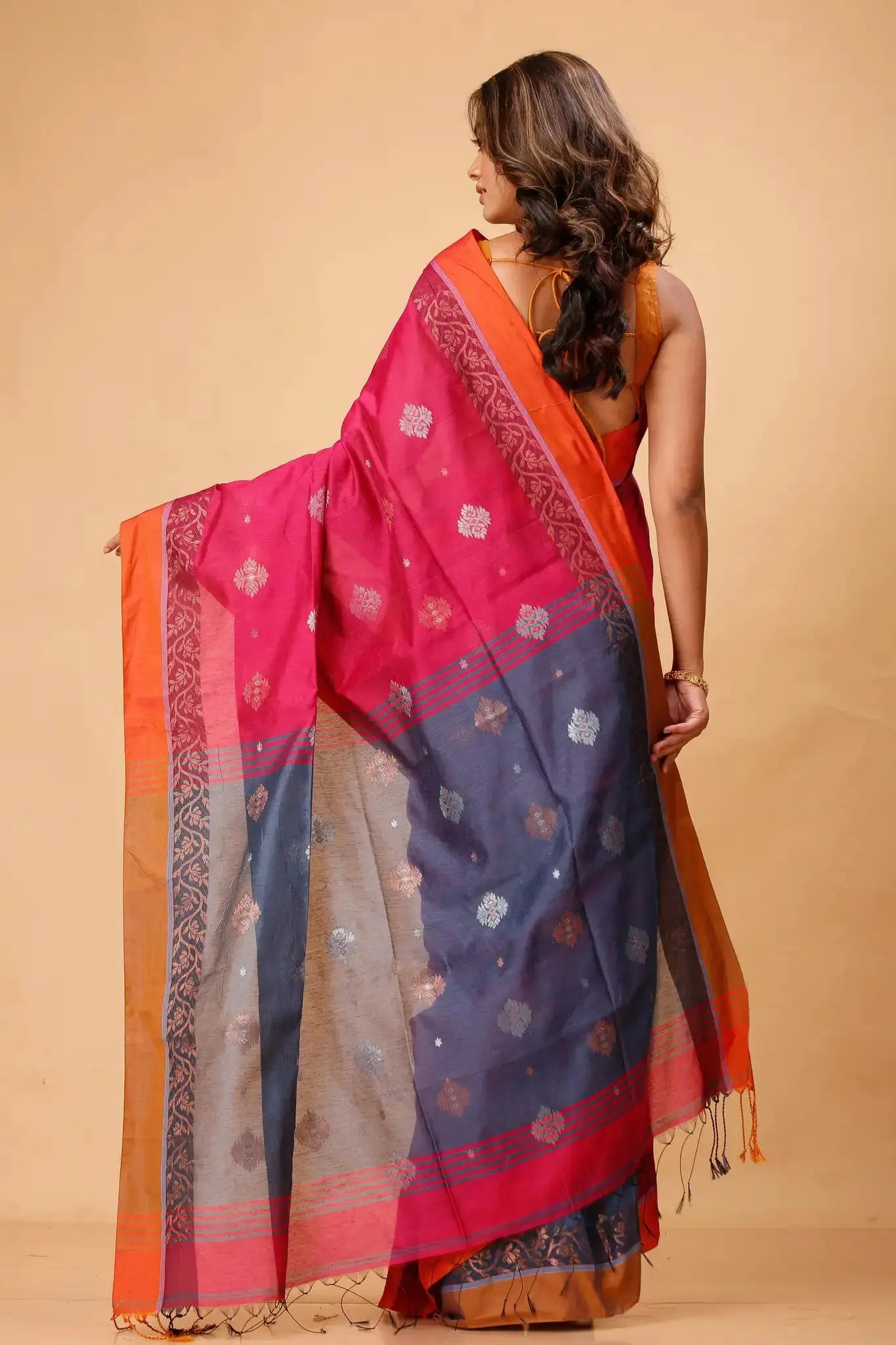 Red & Tealish Blue- Bellu Cotton Handloom Fancy Traditional Weave Saree - Grivana
