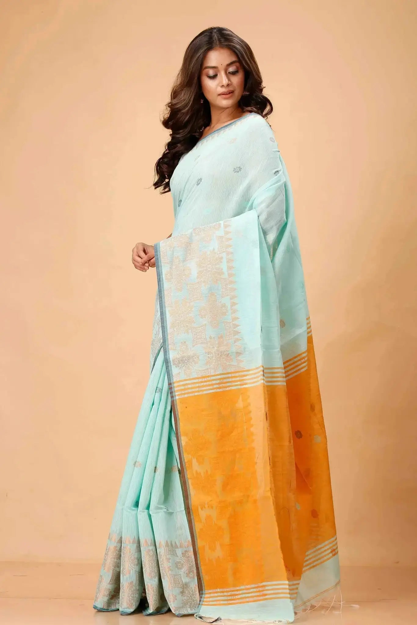 Bellu Cotton Saree – Fancy Mix Design with Blouse Piece Mist Blue