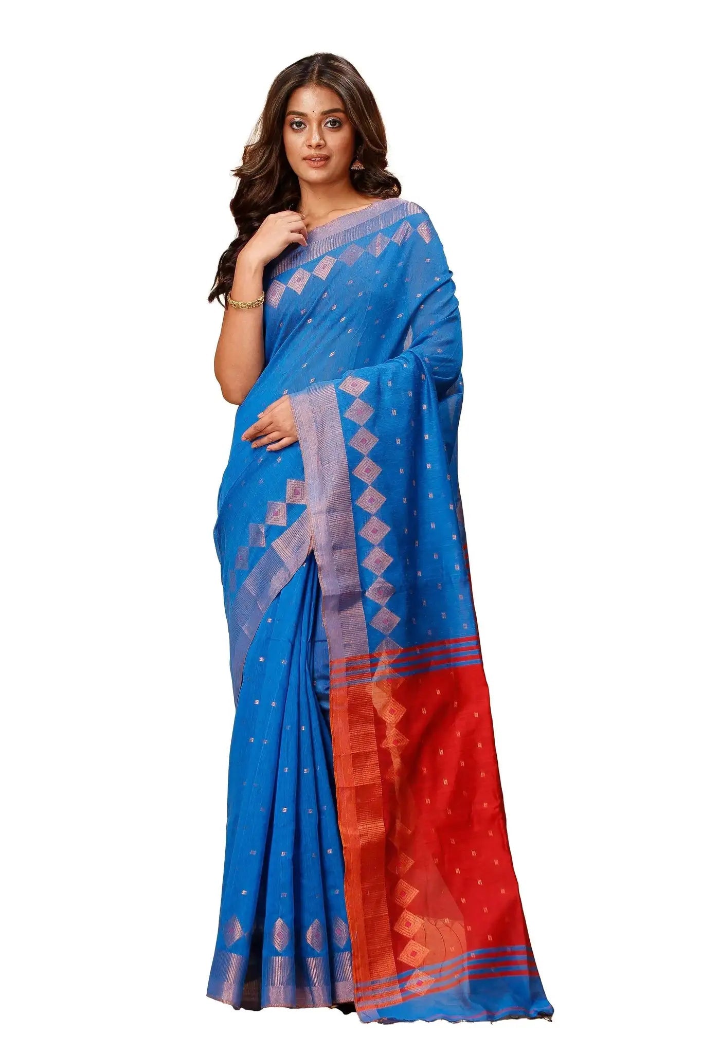 Bellu Cotton Handloom Fancy Saree- Blue With Red Border Traditional Pattern