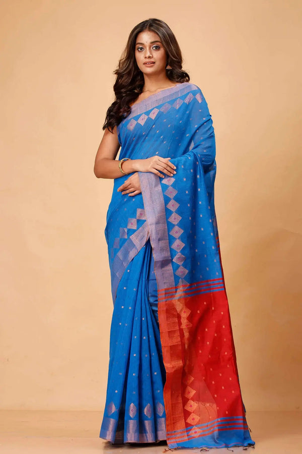 Bellu Cotton Handloom Fancy Saree- Blue With Red Border Traditional Pattern