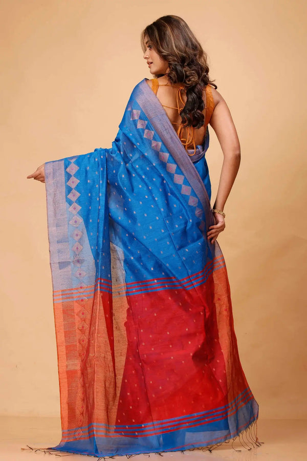 Bellu Cotton Handloom Fancy Saree- Blue With Red Border Traditional Pattern