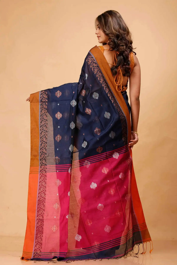 Baltic Sea & Rose Red- Bellu Cotton Handloom Fancy Weave Saree Contrast Border