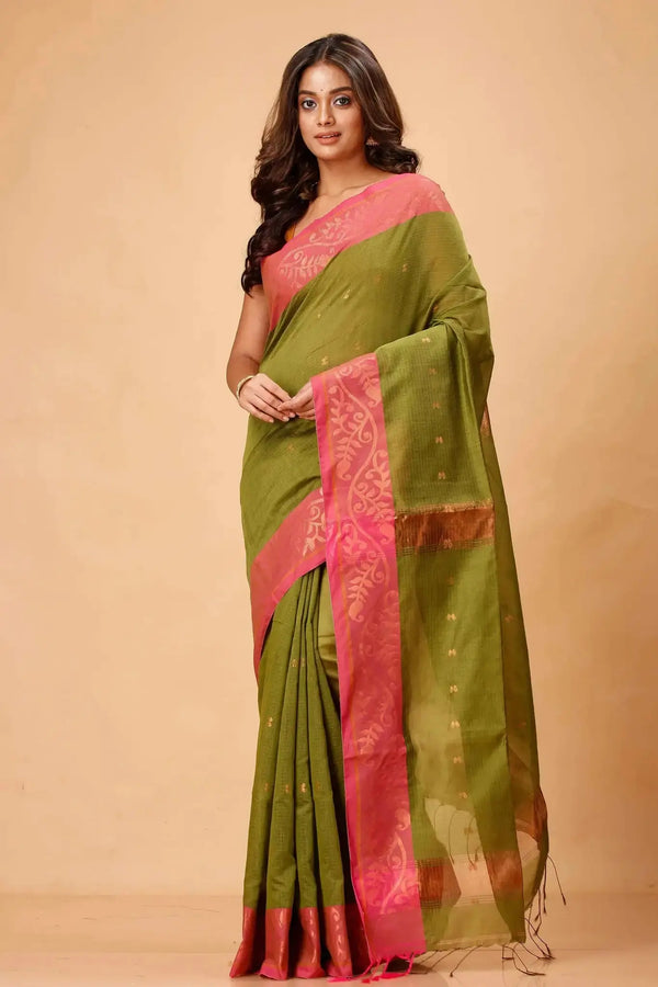 Alpine Green- Bellu Cotton Handloom Saree With Pink Woven Border & Blouse Piece