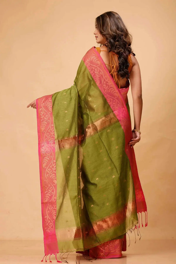 Alpine Green- Bellu Cotton Handloom Saree With Pink Woven Border & Blouse Piece