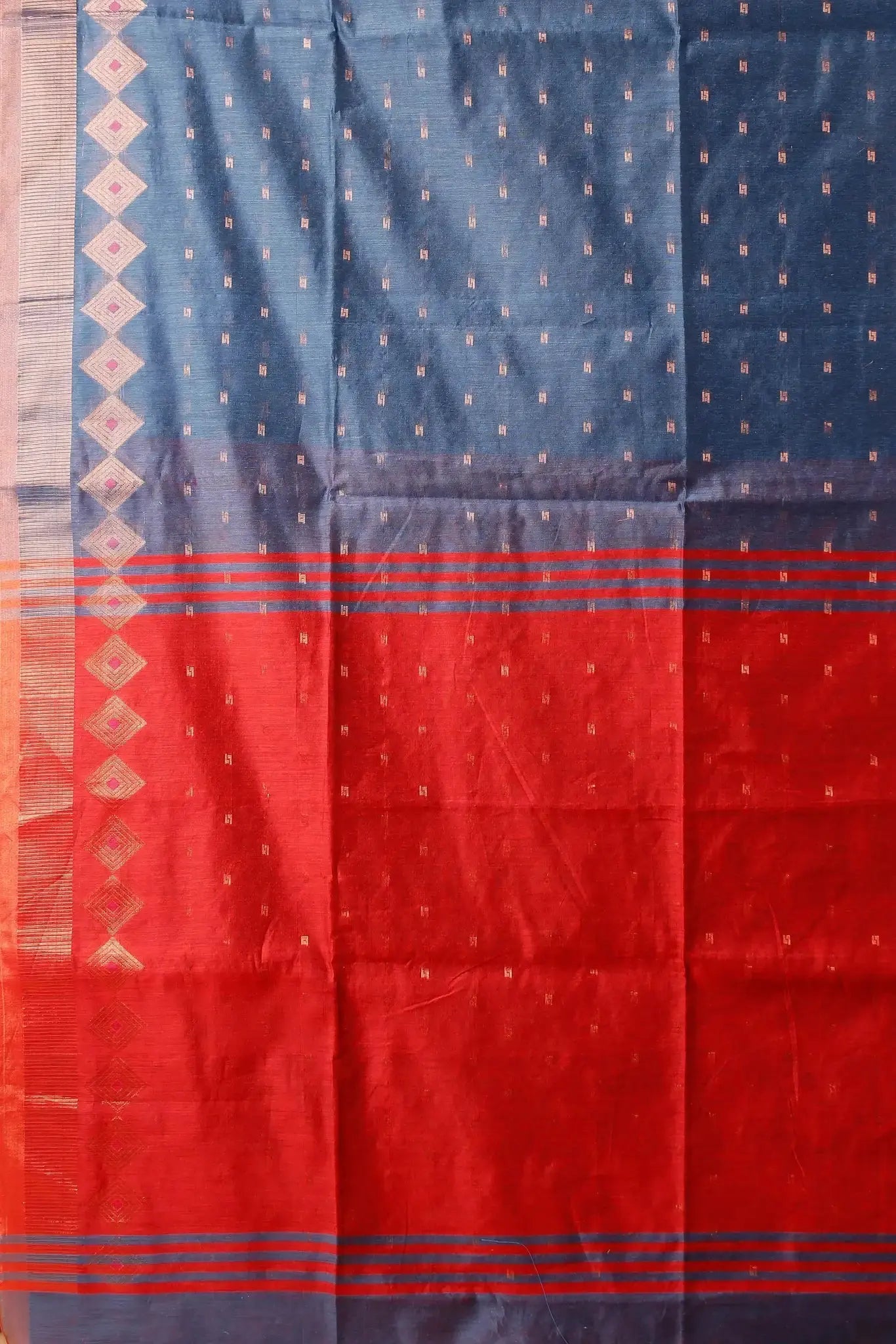 Tealish Blue With Lava Red Border- Bellu Cotton Handloom Fancy Saree - Grivana