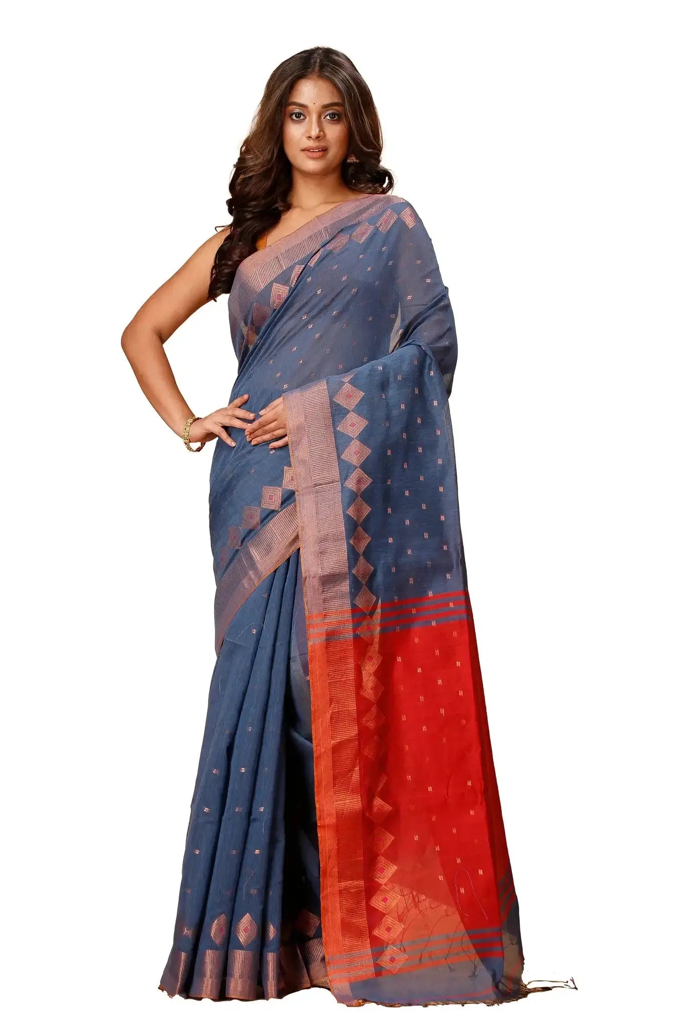 Tealish Blue With Lava Red Border- Bellu Cotton Handloom Fancy Saree - Grivana