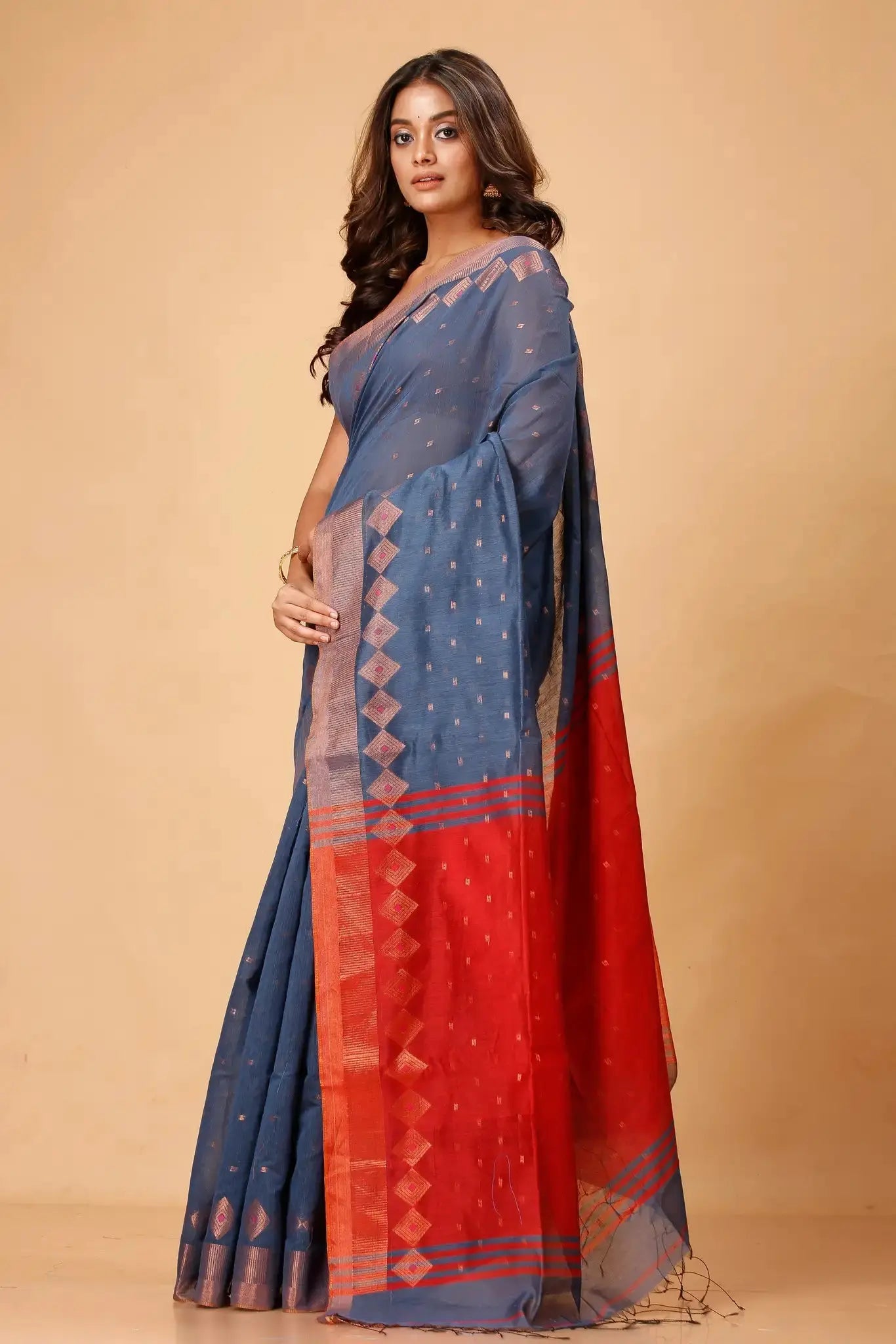 Tealish Blue With Lava Red Border- Bellu Cotton Handloom Fancy Saree - Grivana