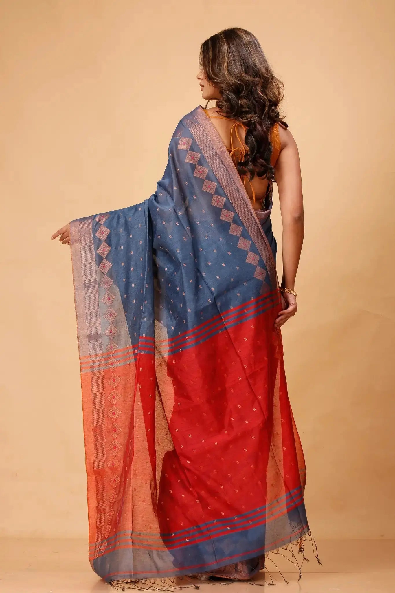 Tealish Blue With Lava Red Border- Bellu Cotton Handloom Fancy Saree - Grivana