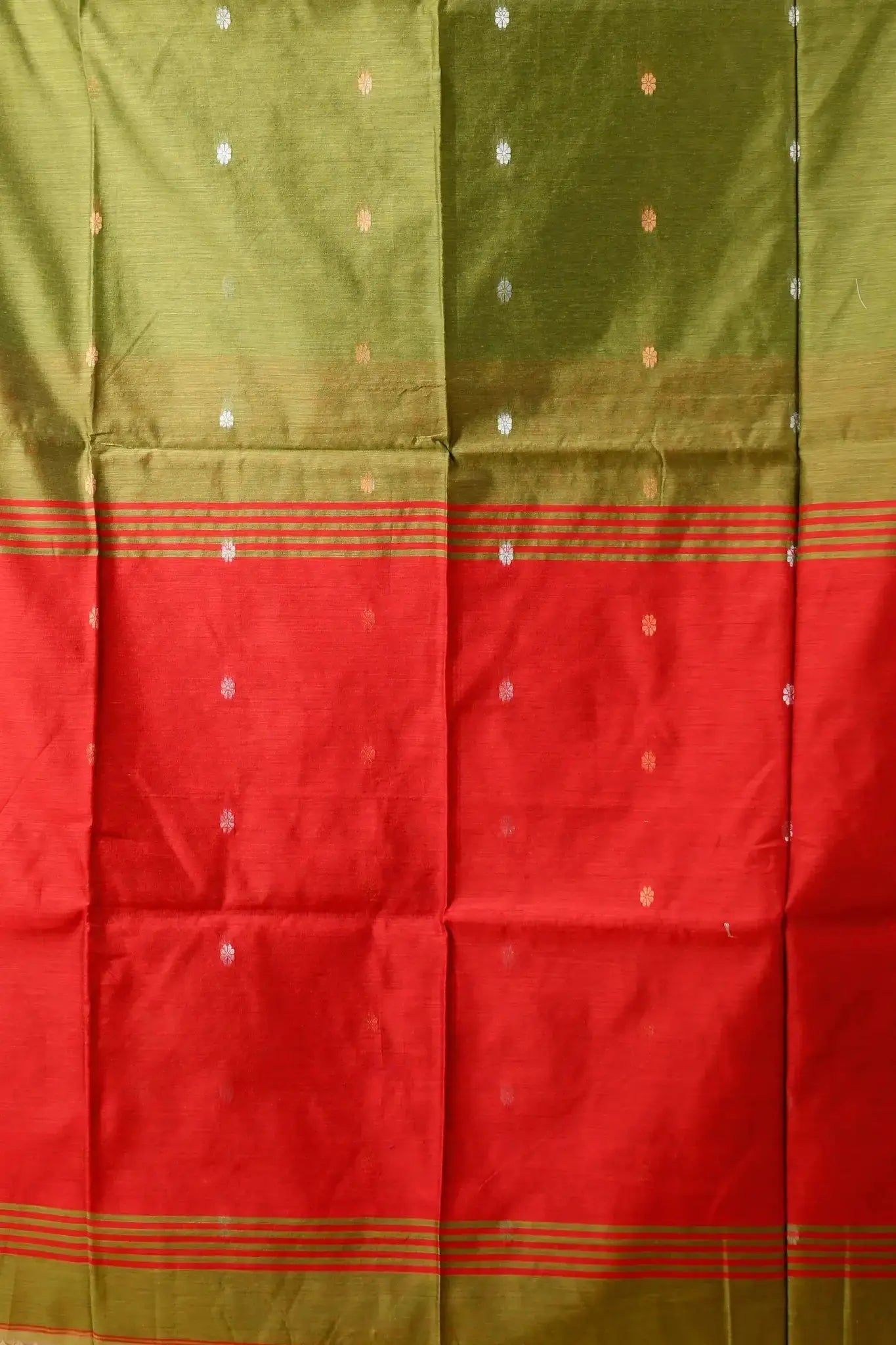 Green With Red Border - Bellu Cotton Handloom Fancy Saree Geometric Pattern - Grivana