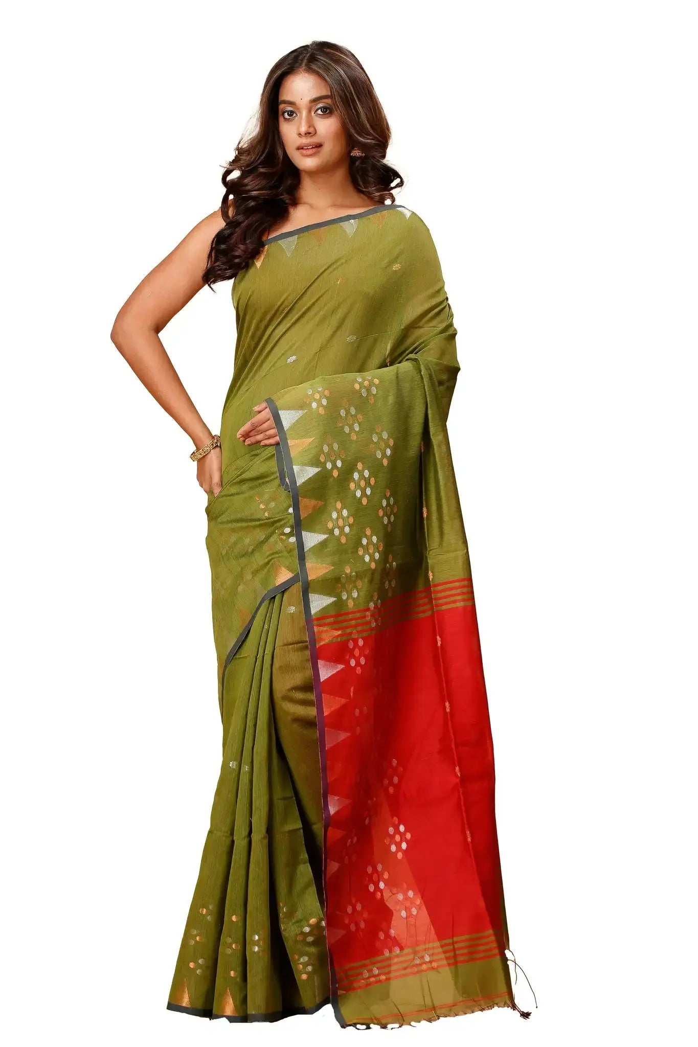 Green With Red Border - Bellu Cotton Handloom Fancy Saree Geometric Pattern - Grivana