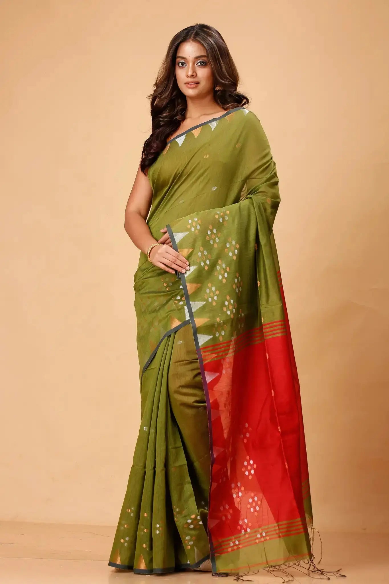 Green With Red Border - Bellu Cotton Handloom Fancy Saree Geometric Pattern - Grivana
