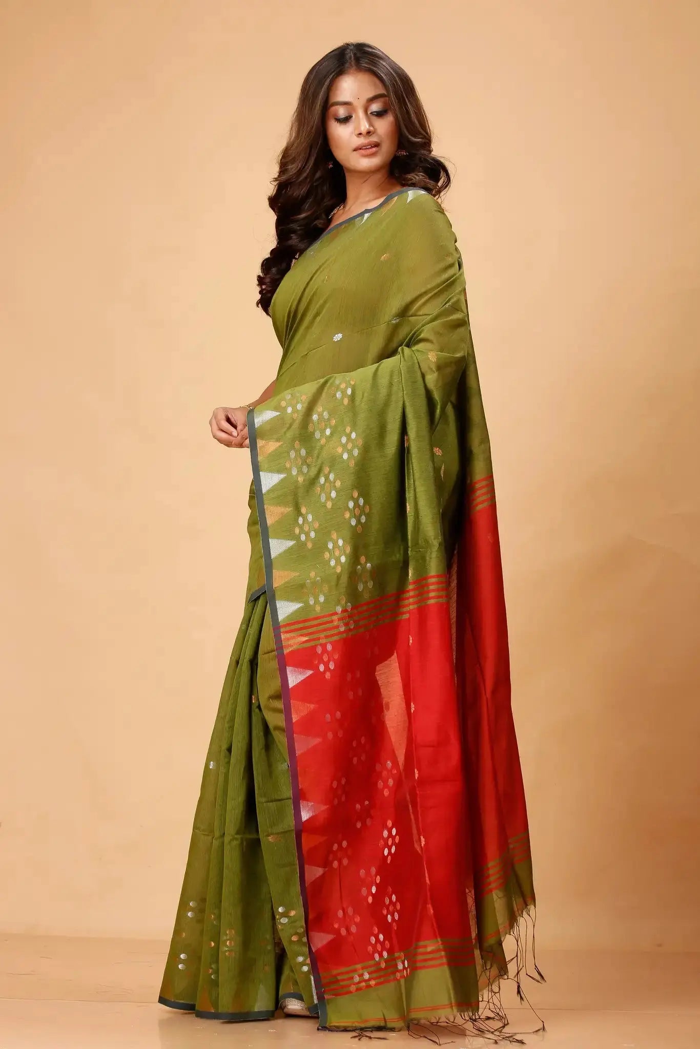 Green With Red Border - Bellu Cotton Handloom Fancy Saree Geometric Pattern - Grivana