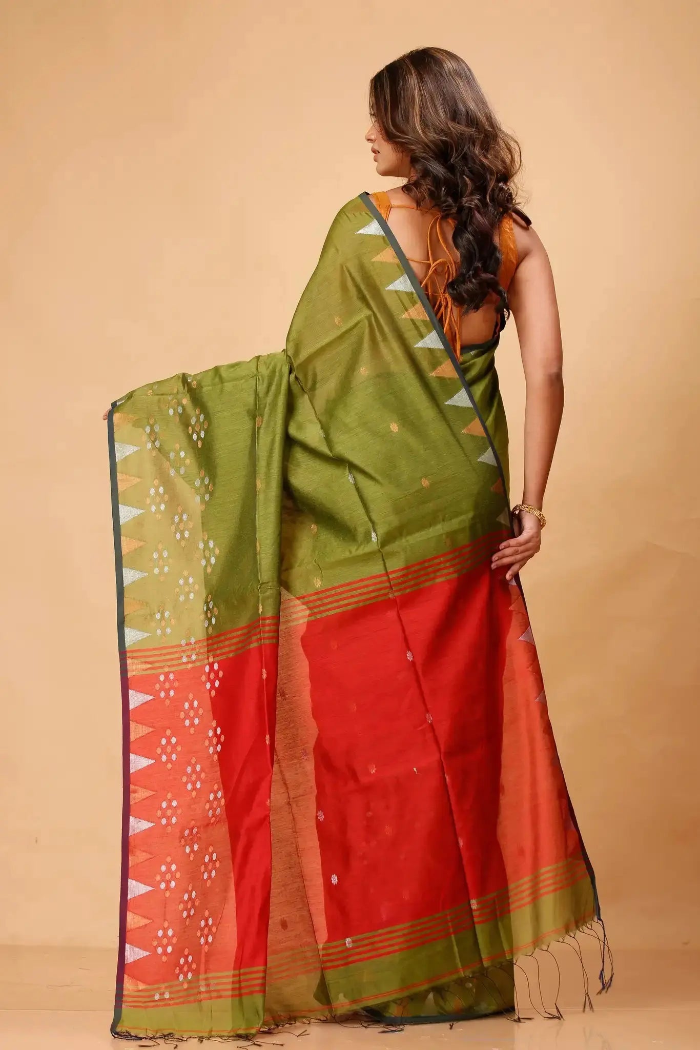 Green With Red Border - Bellu Cotton Handloom Fancy Saree Geometric Pattern - Grivana