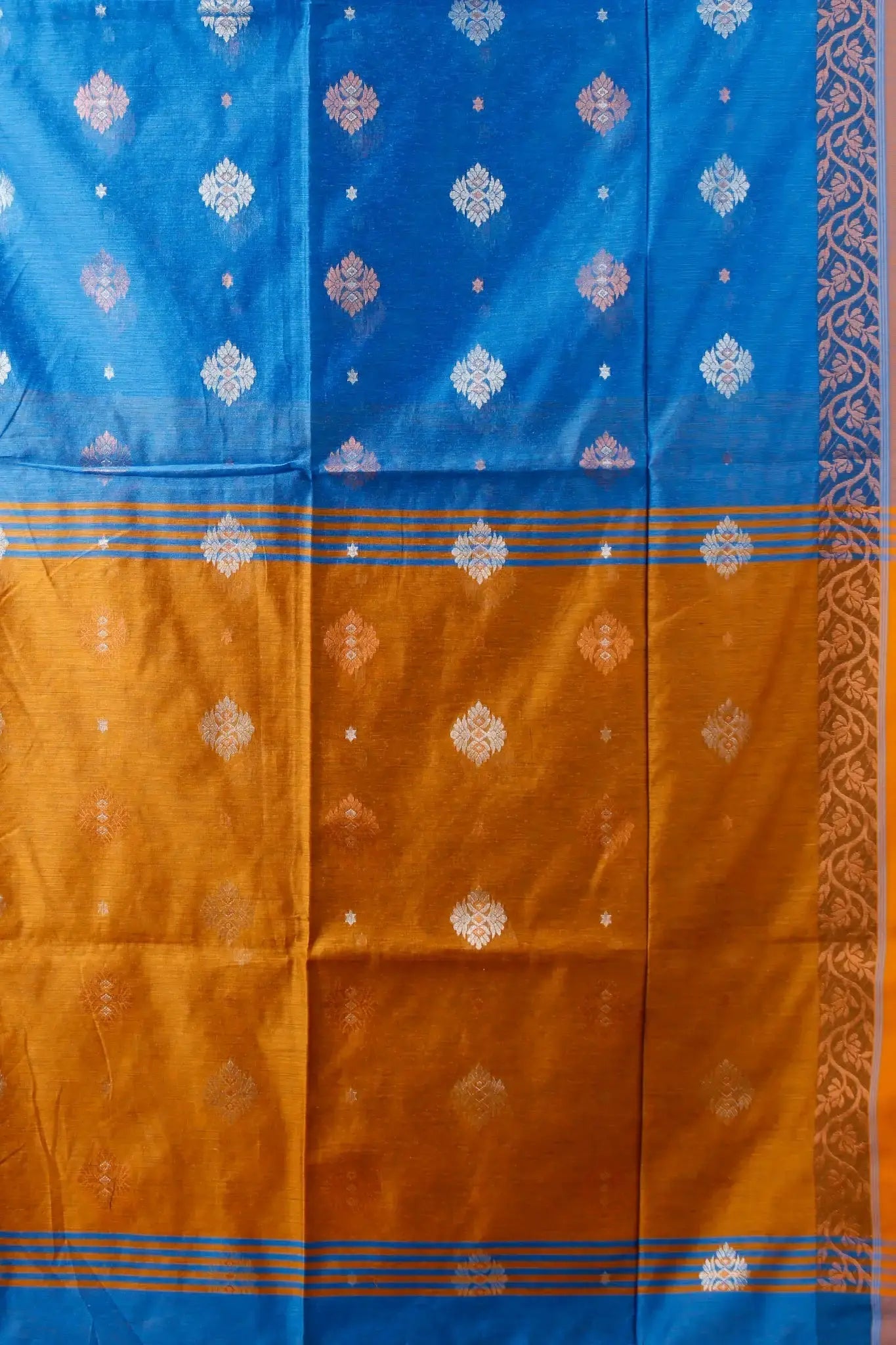 Peacock Blue & Red Peach- Bellu Cotton Handloom Fancy Soft Artisan Weave Saree - Grivana