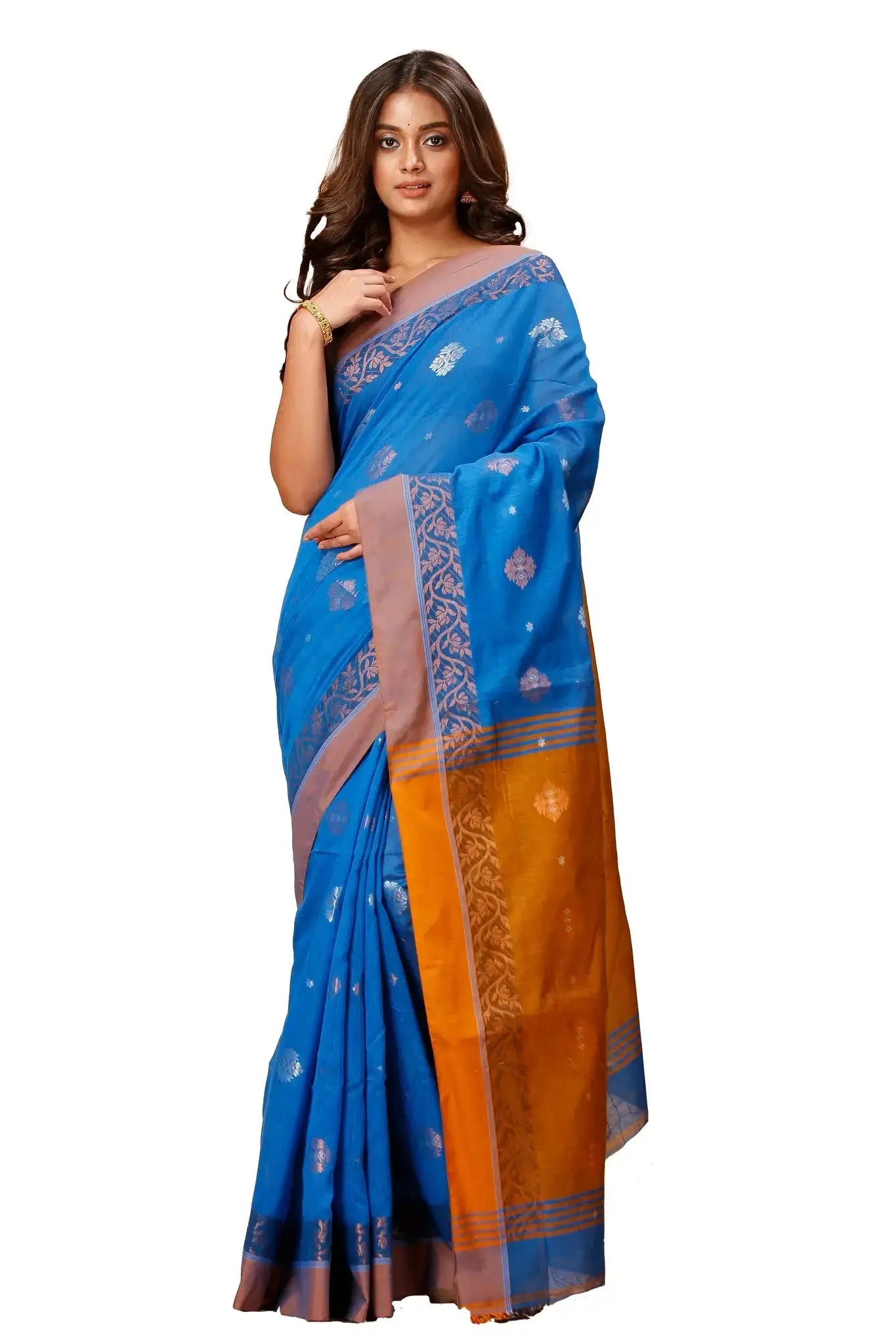 Peacock Blue & Red Peach- Bellu Cotton Handloom Fancy Soft Artisan Weave Saree - Grivana