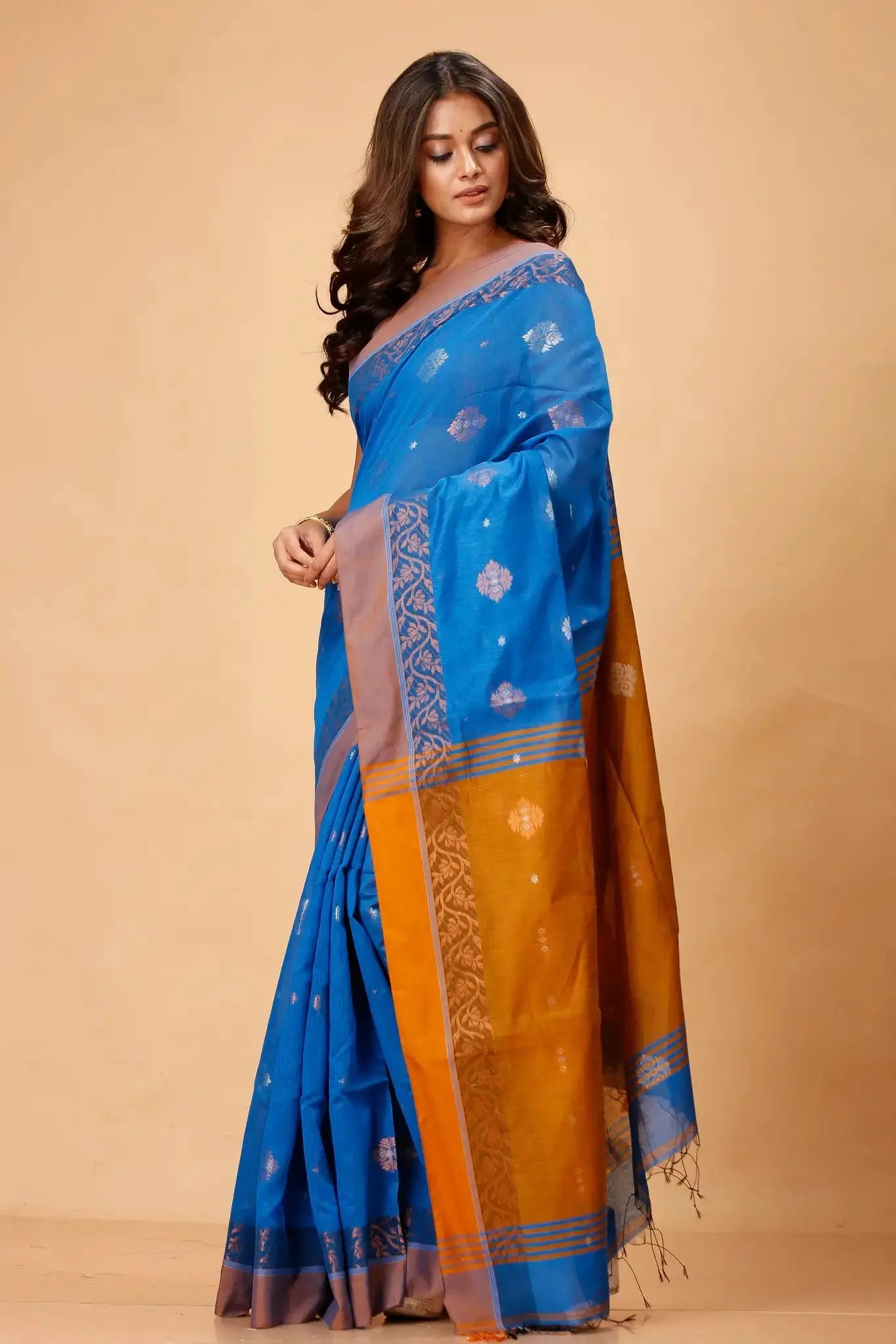Peacock Blue & Red Peach- Bellu Cotton Handloom Fancy Soft Artisan Weave Saree - Grivana
