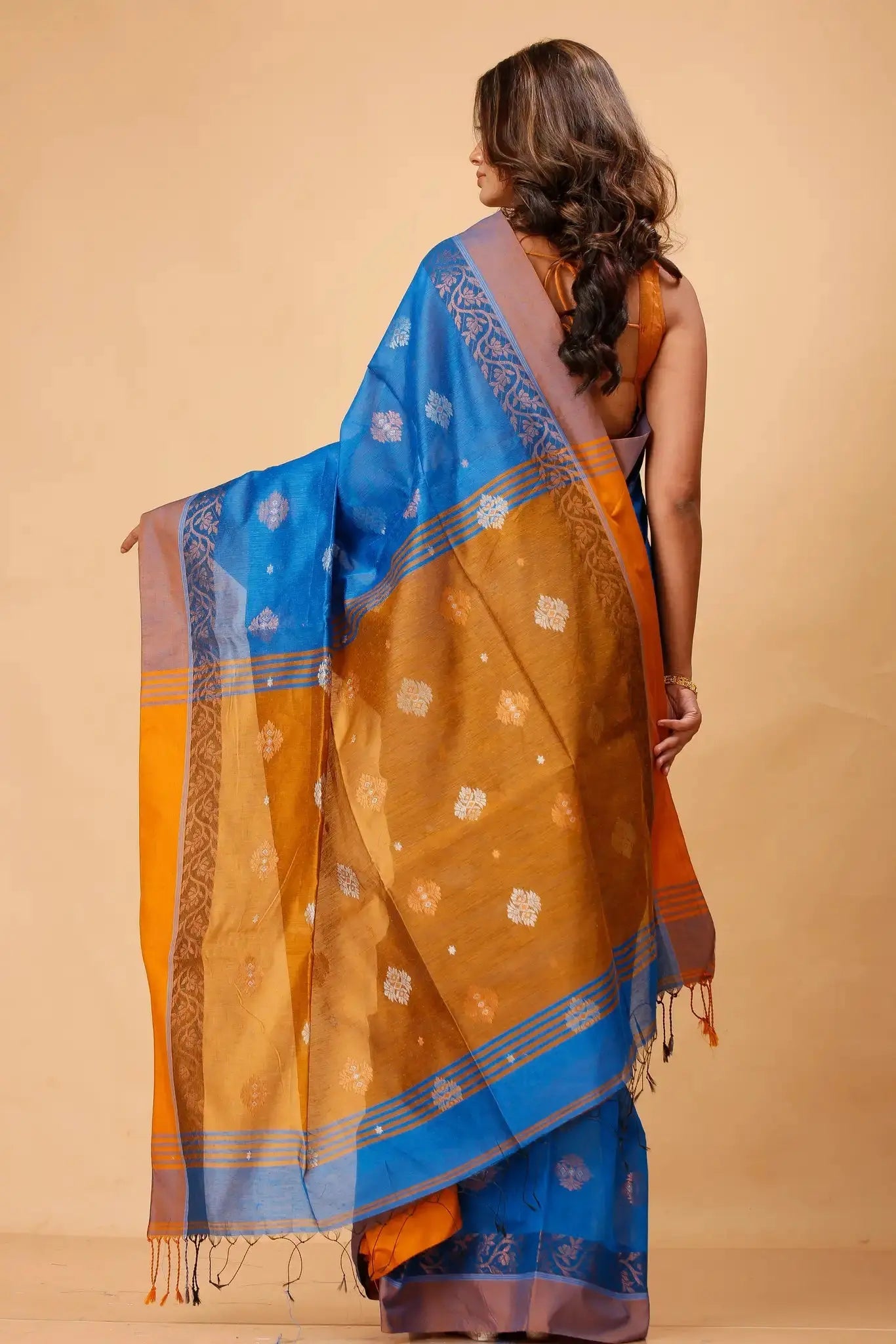 Peacock Blue & Red Peach- Bellu Cotton Handloom Fancy Soft Artisan Weave Saree - Grivana