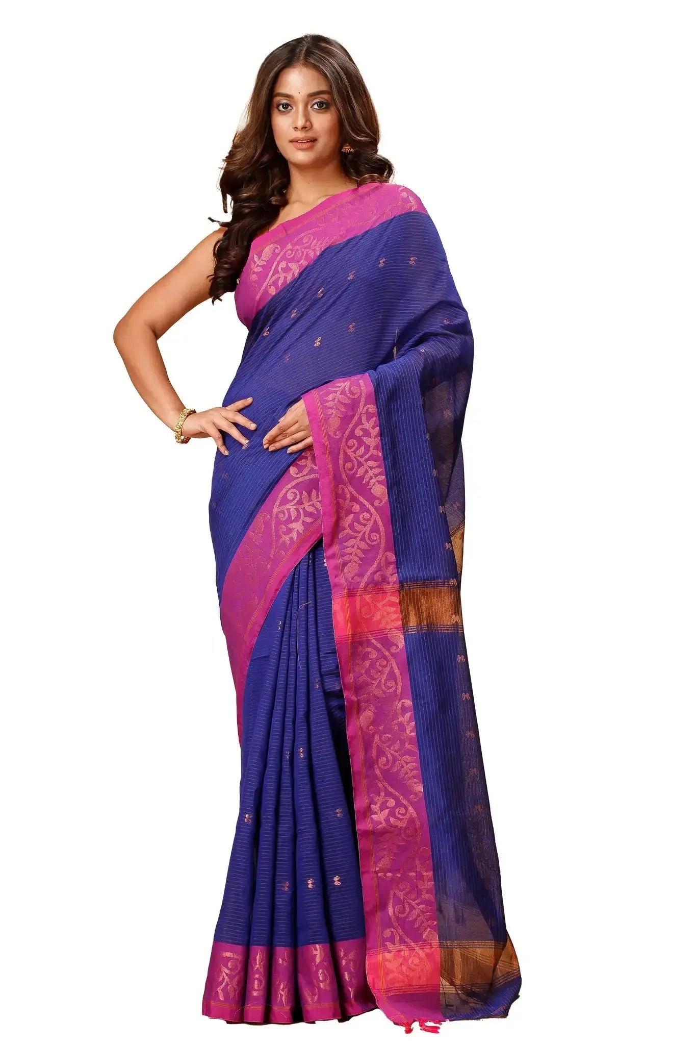 Dark Indigo- Bellu Cotton Handloom Saree With Pink Woven Border & Blouse Piece - Grivana