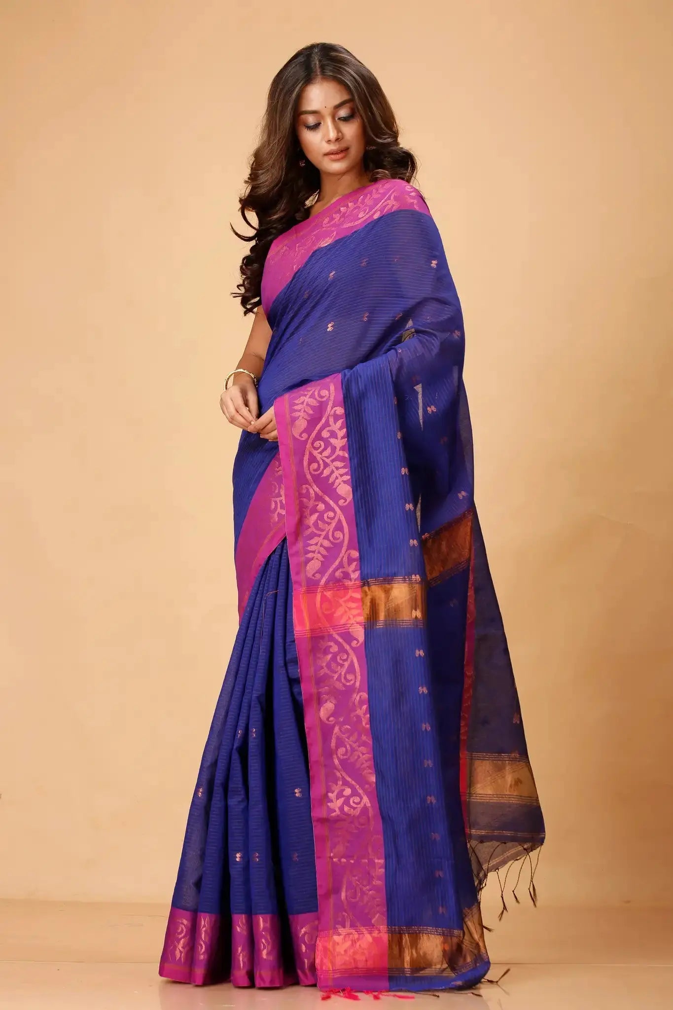 Dark Indigo- Bellu Cotton Handloom Saree With Pink Woven Border & Blouse Piece - Grivana