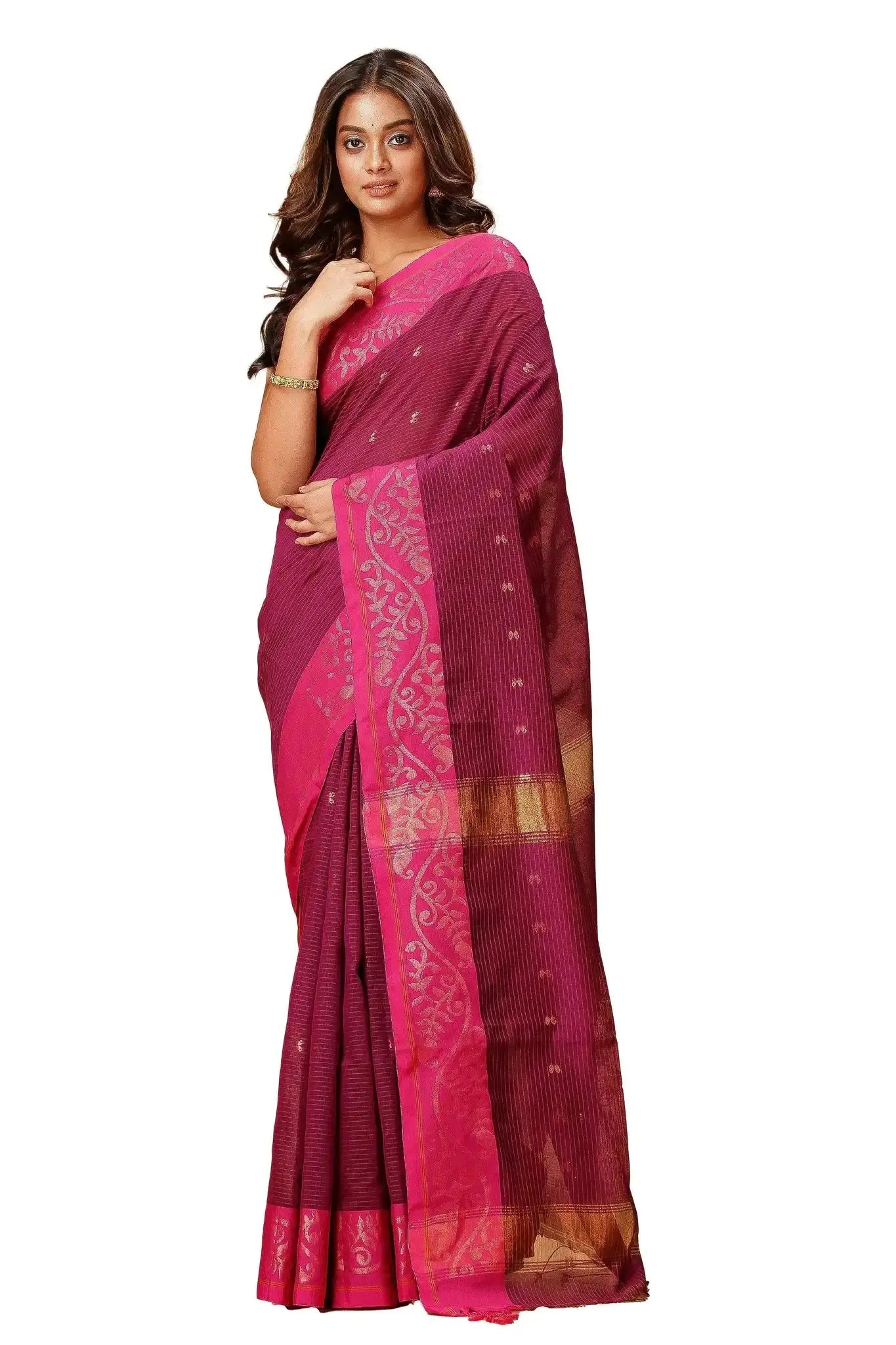 Cherrywood- Bellu Cotton Handloom Floral Border Design Saree With Blouse