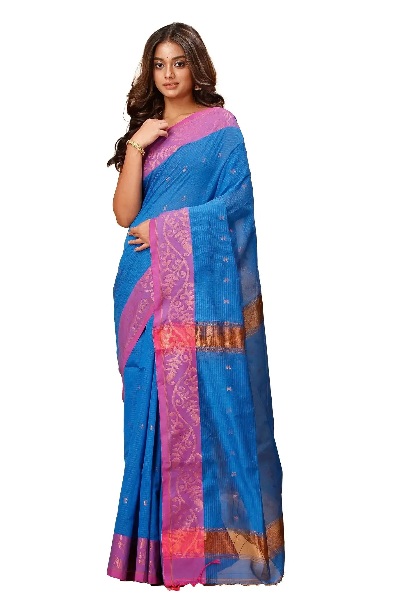 Peacock Blue- Bellu Cotton Handloom Traditional Motifs Saree With Blouse - Grivana