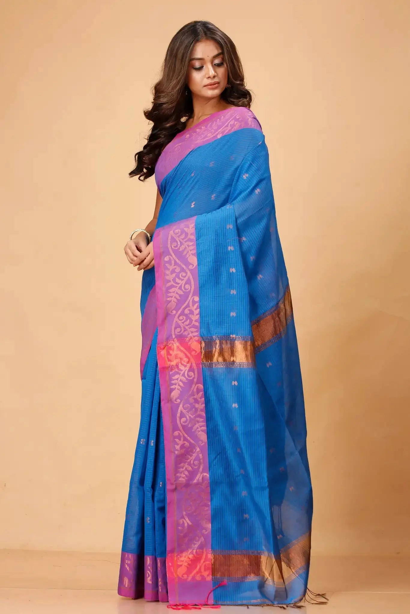 Peacock Blue- Bellu Cotton Handloom Traditional Motifs Saree With Blouse - Grivana