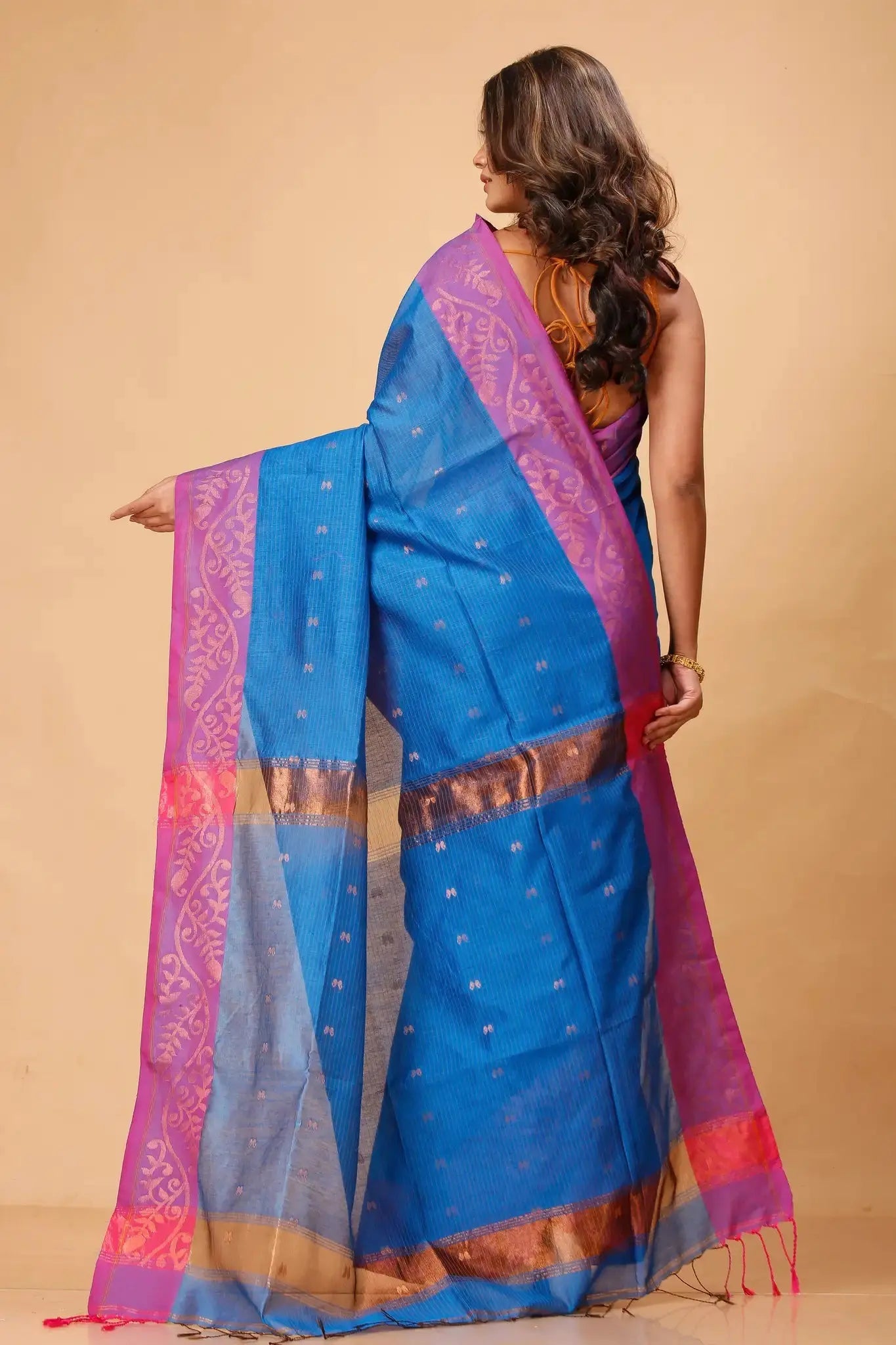 Peacock Blue- Bellu Cotton Handloom Traditional Motifs Saree With Blouse - Grivana