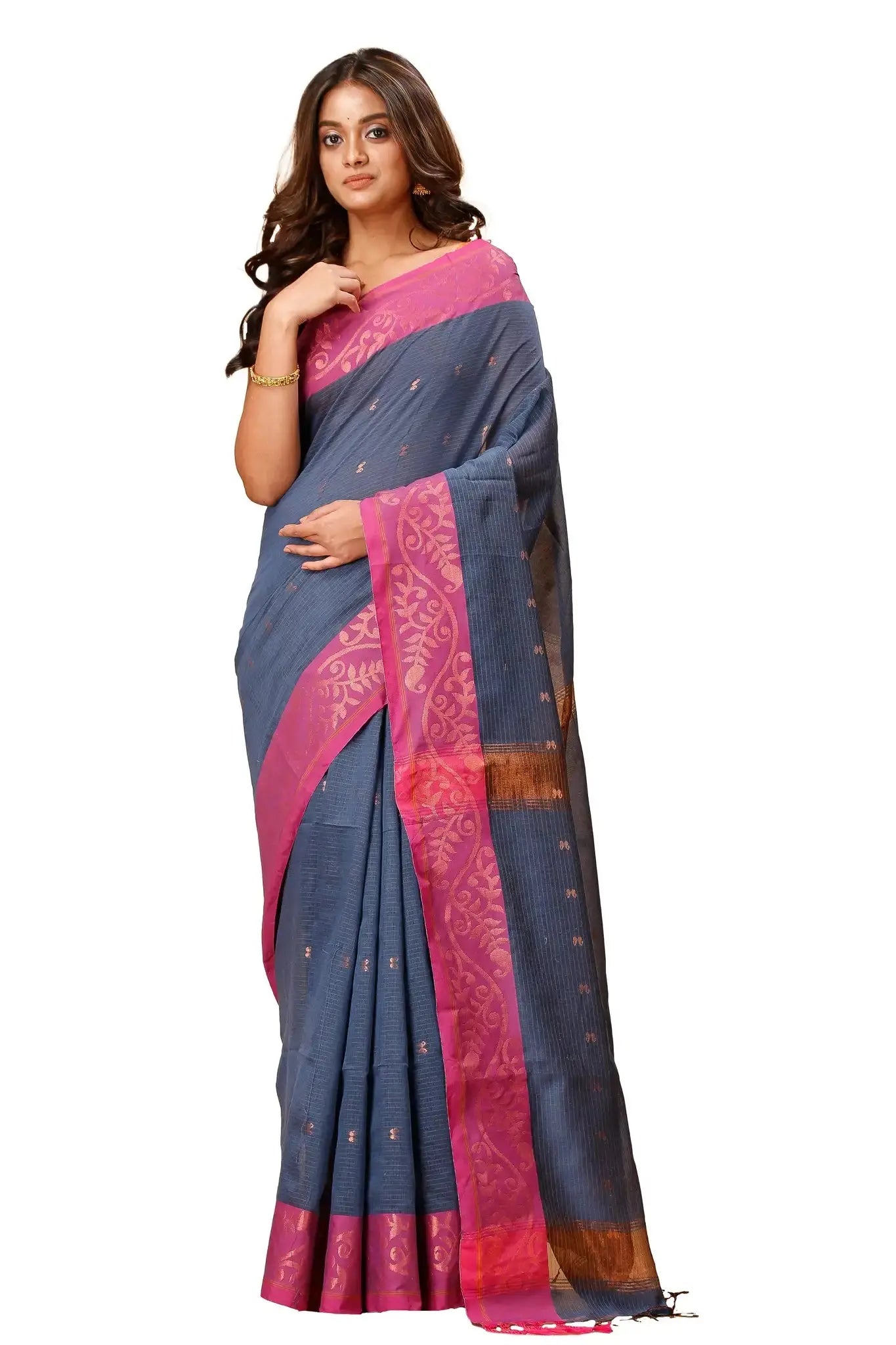 Tealish Blue- Bellu Cotton Handloom Pink Woven Border Saree With Blouse - Grivana