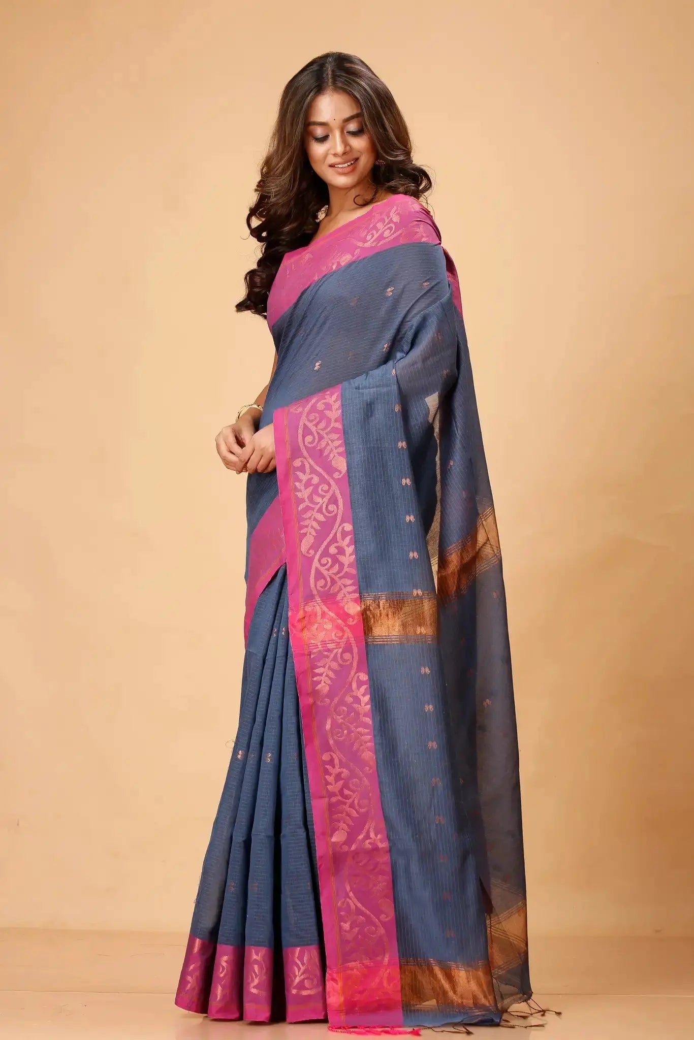 Tealish Blue- Bellu Cotton Handloom Pink Woven Border Saree With Blouse - Grivana